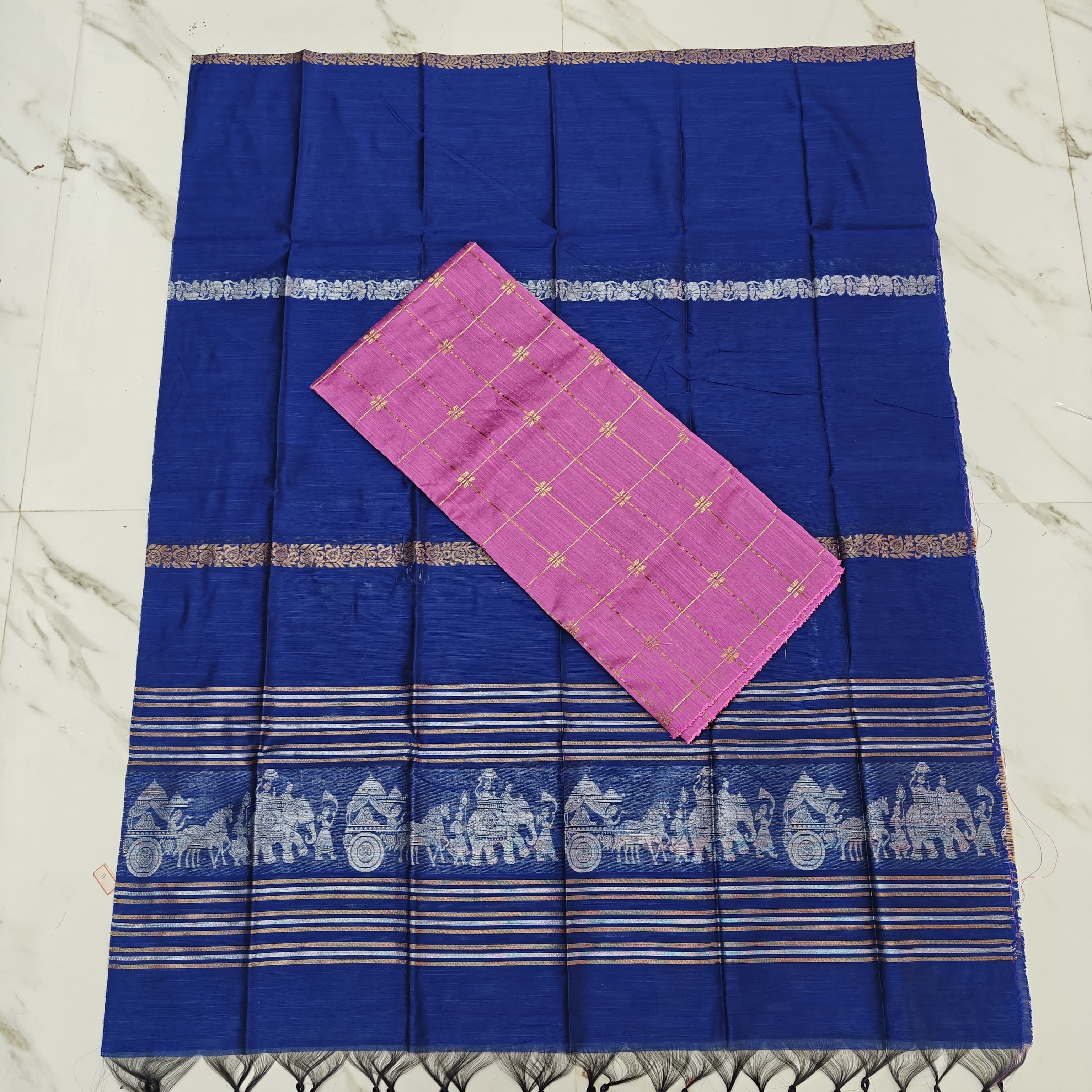 Raw Silk Stripe Suit Set - Blue and Pink