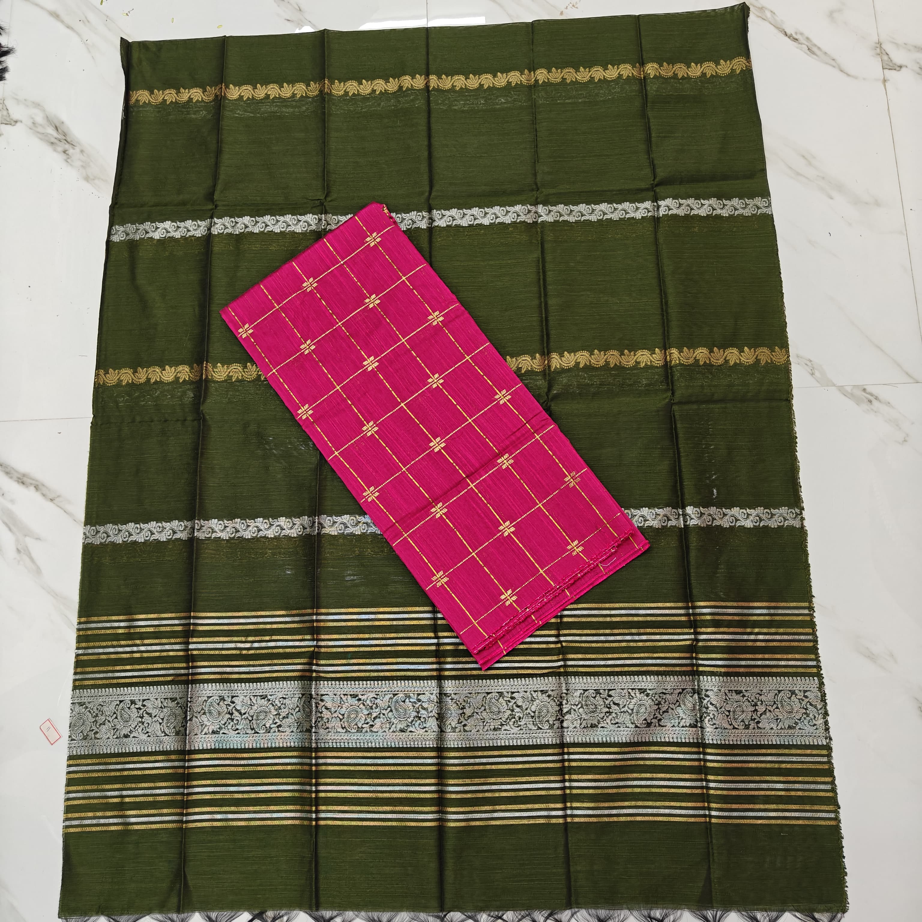 Raw Silk Stripe Suit Set - Green and Pink