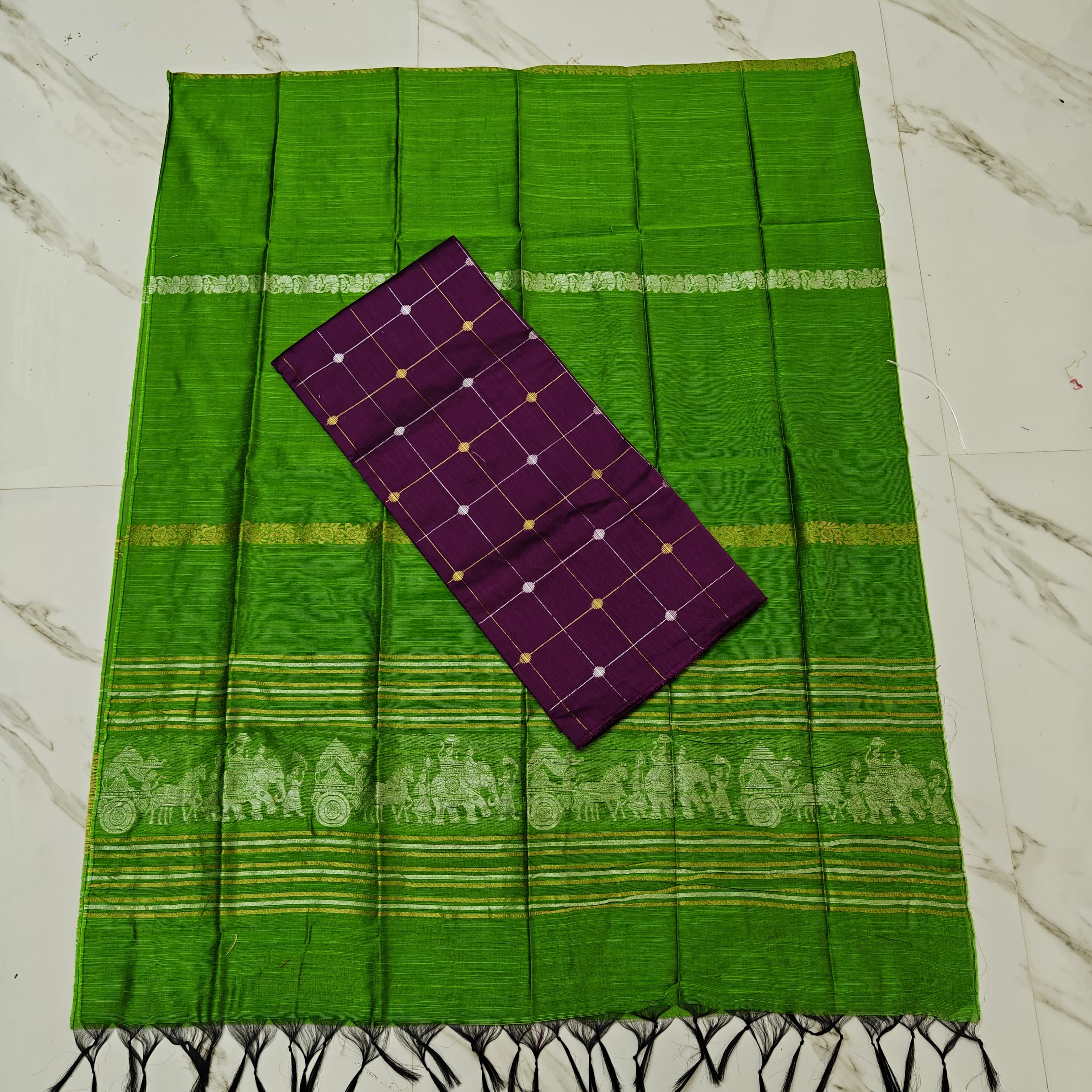 Raw Silk Stripe Suit Set - Green and Violet