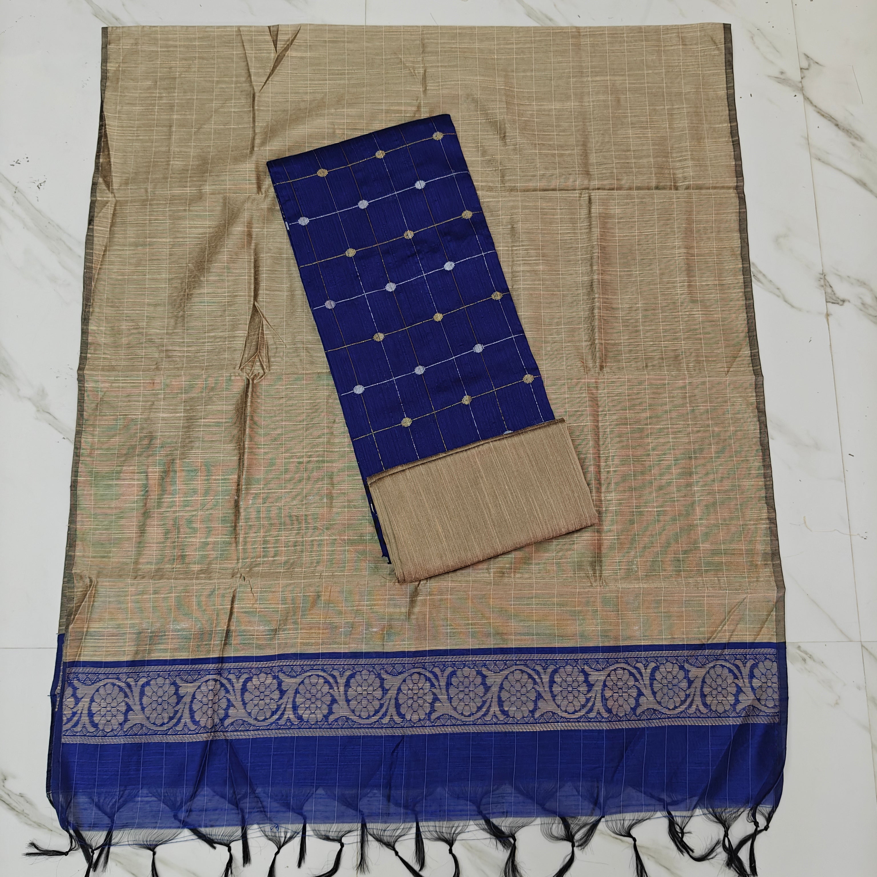 Premium Raw Silk Stripe Dupatta Set - Beige and Blue