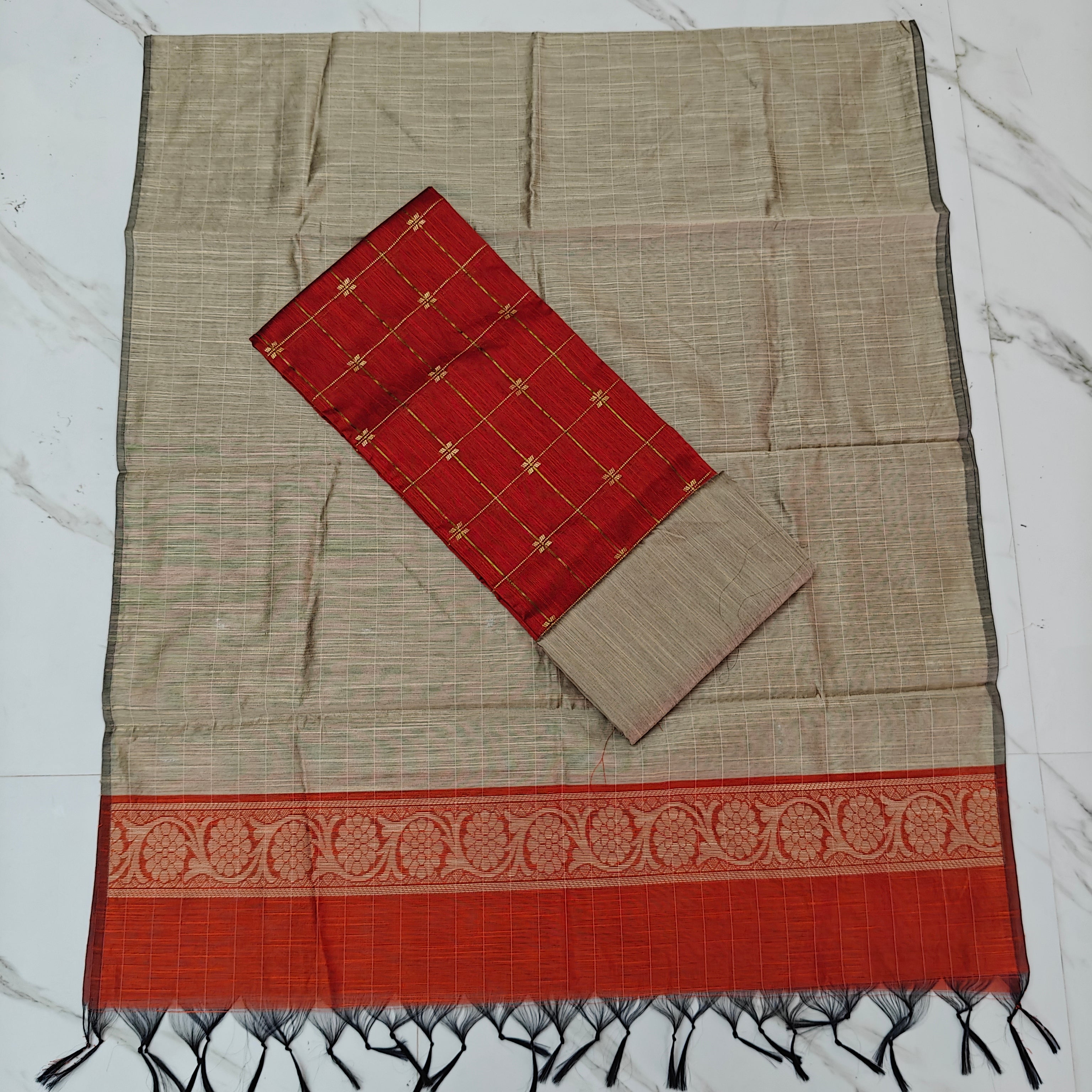 Premium Raw Silk Stripe Dupatta Set - Beige and Red
