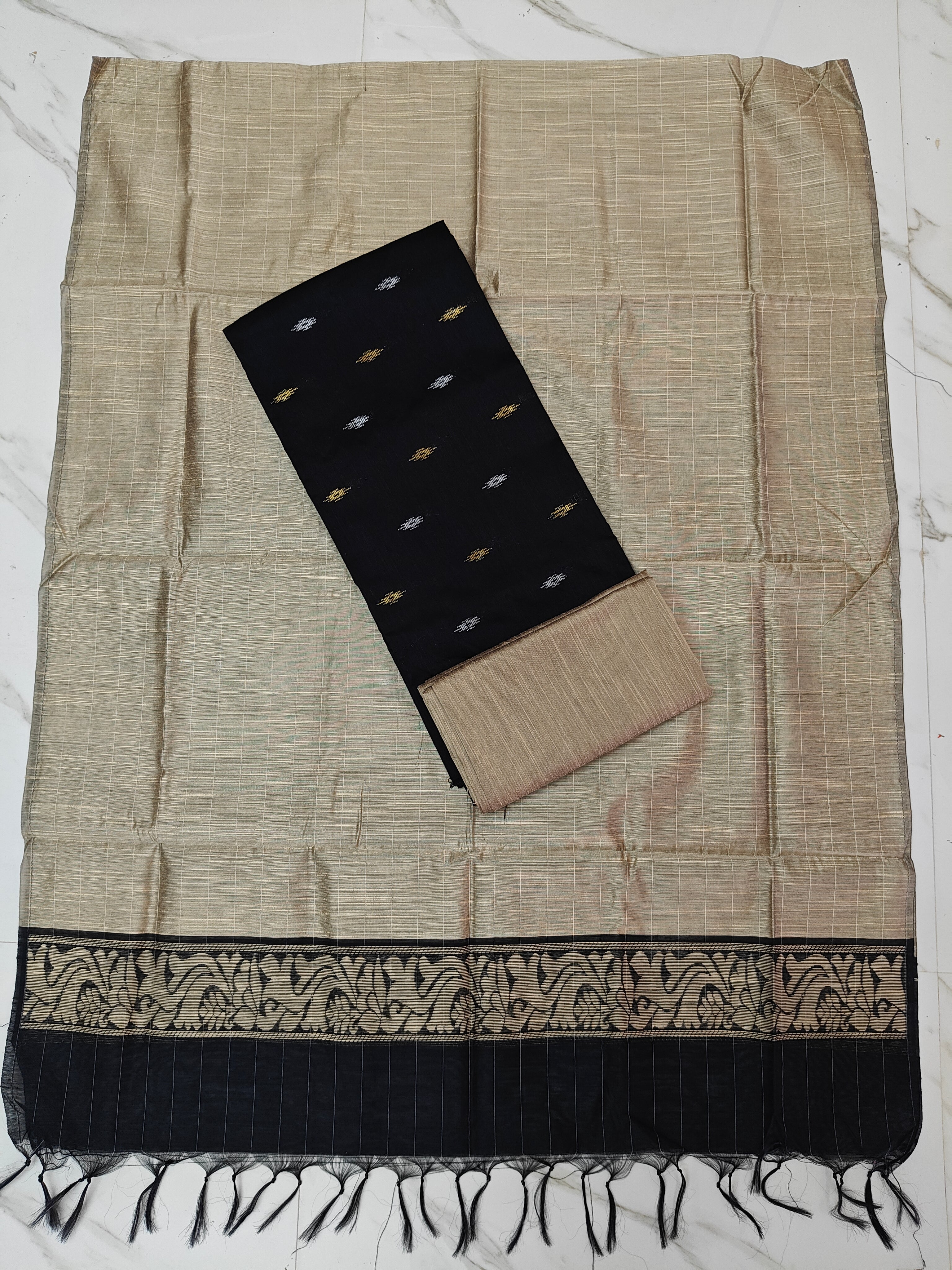 Premium Raw Silk Stripe Dupatta Set - Beige and Black