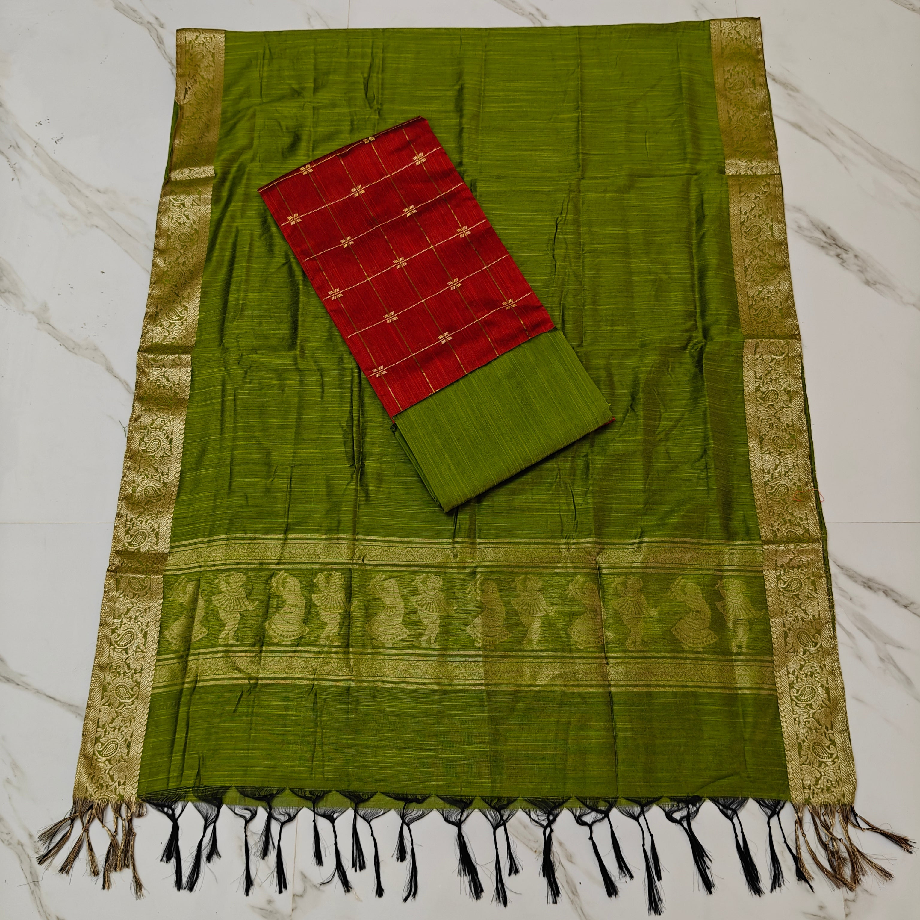 Jhamdhani Dupatta & Raw Silk Set - Green and Orange