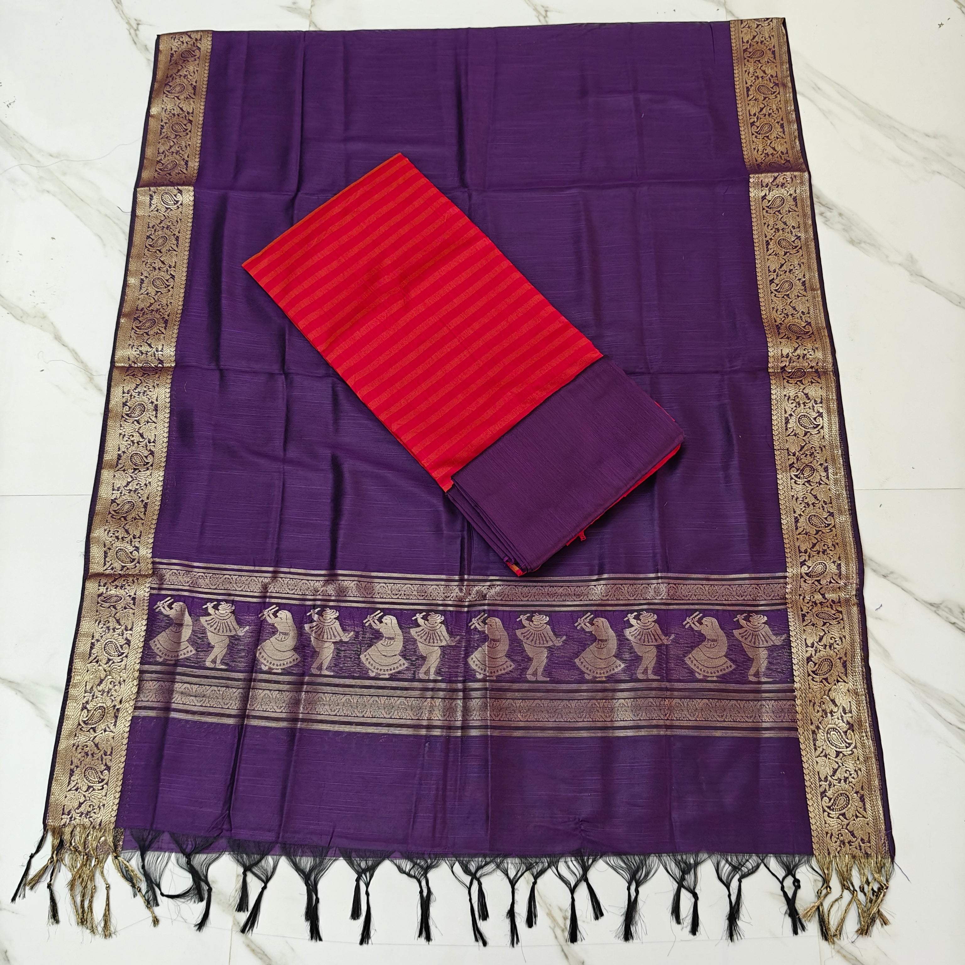Jhamdhani Dupatta & Raw Silk Set - Red and Purple