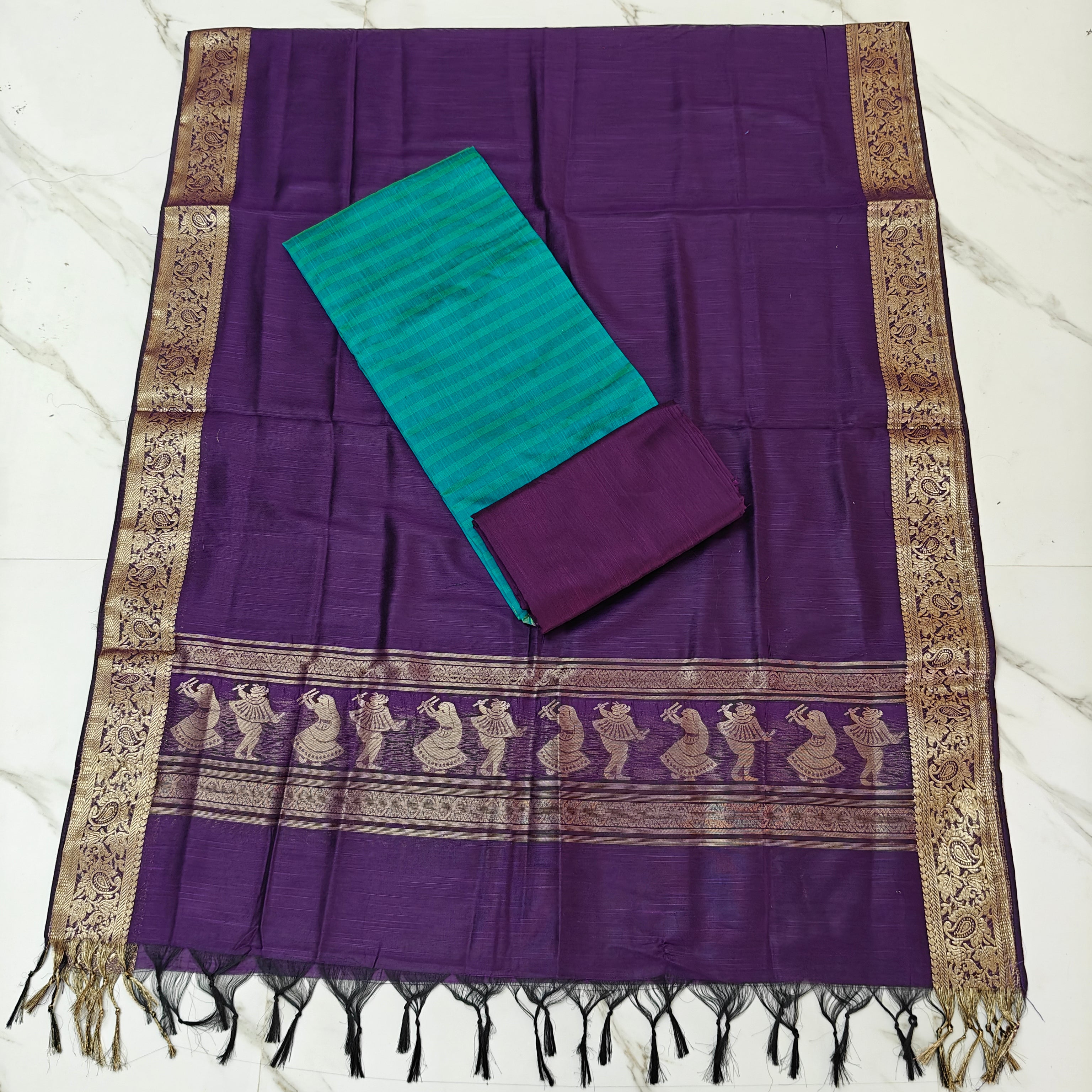 Jhamdhani Dupatta & Raw Silk Set - Teal and Purple