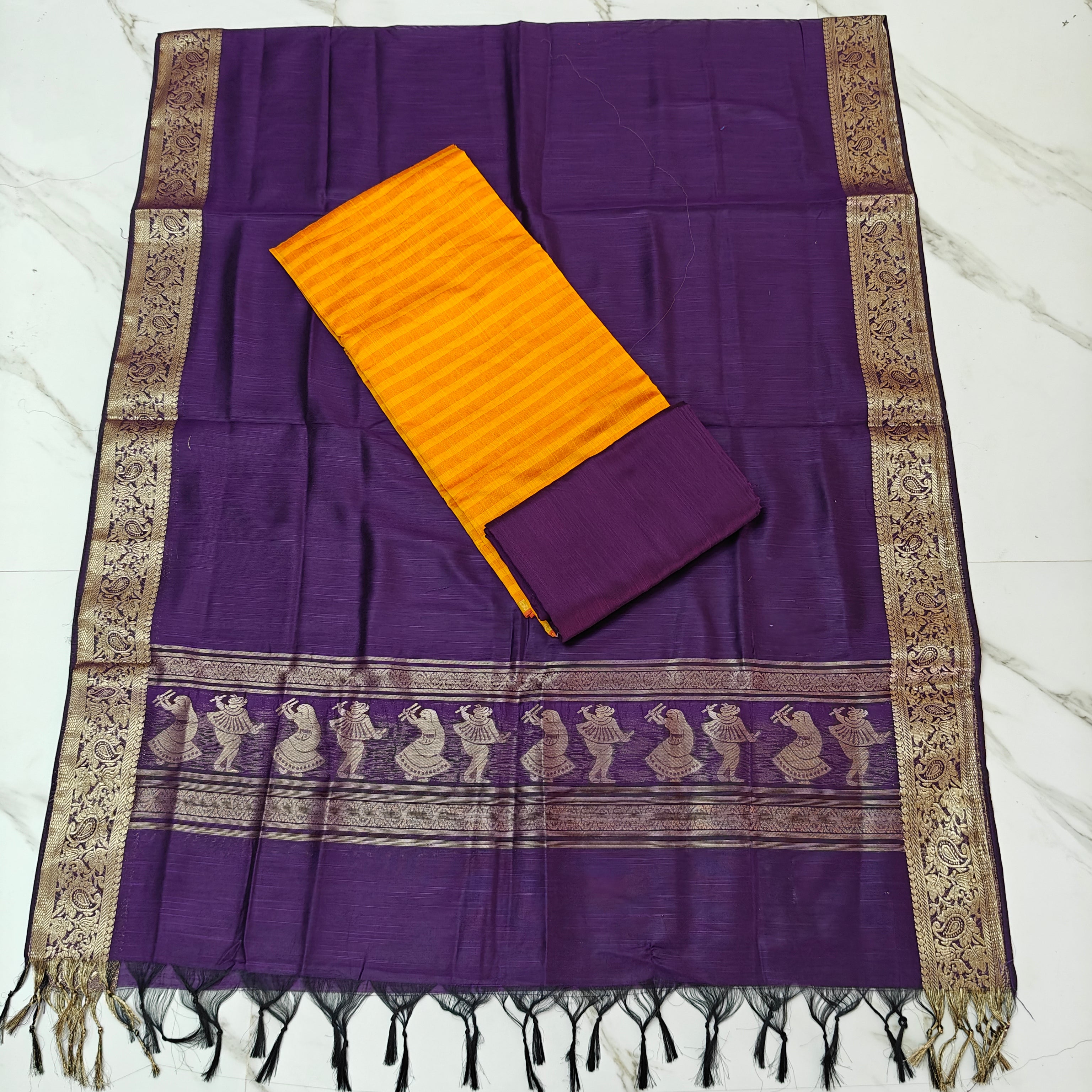 Jhamdhani Dupatta & Raw Silk Set - Mustard Yellow and Purple