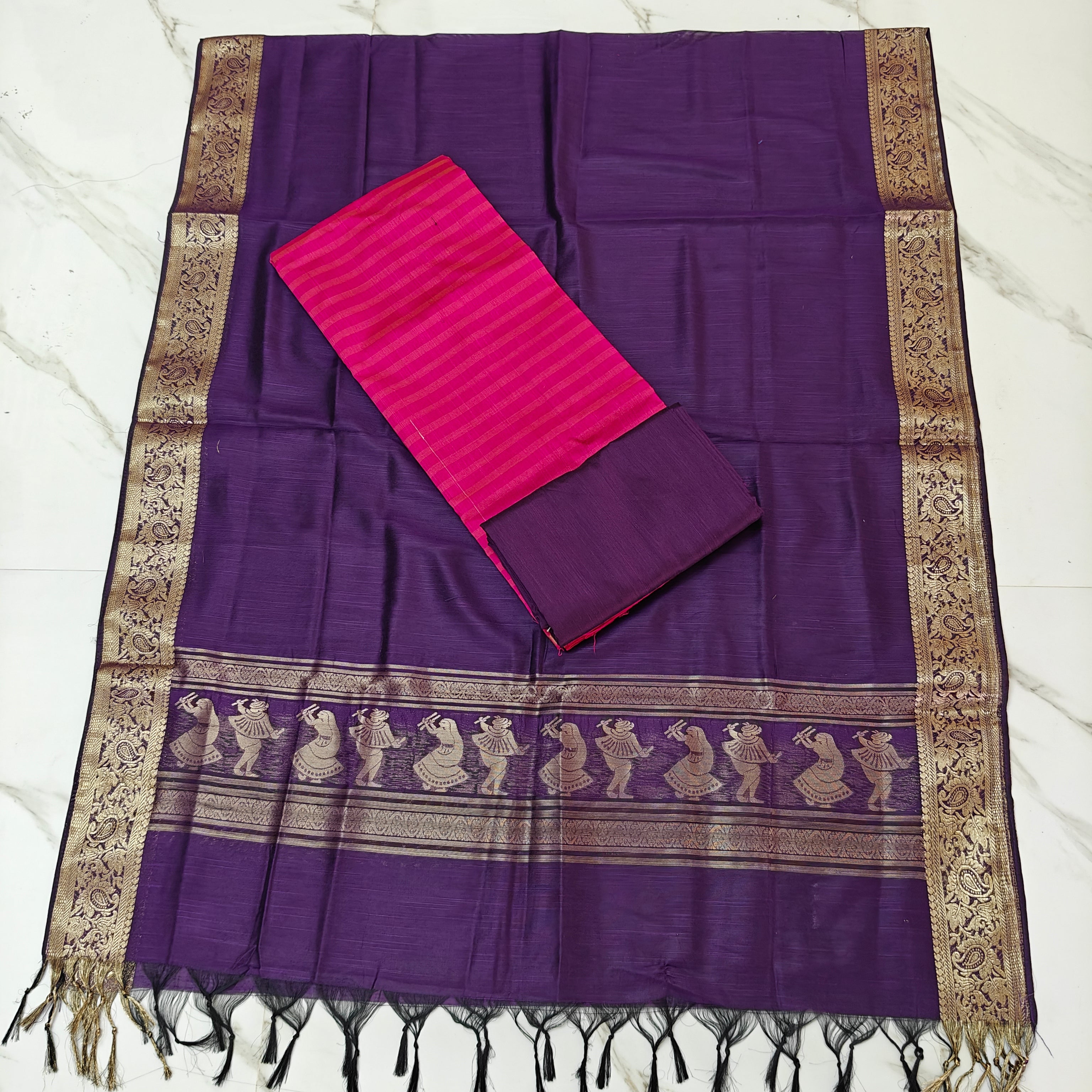 Jhamdhani Dupatta & Raw Silk Set - Pink and Purple