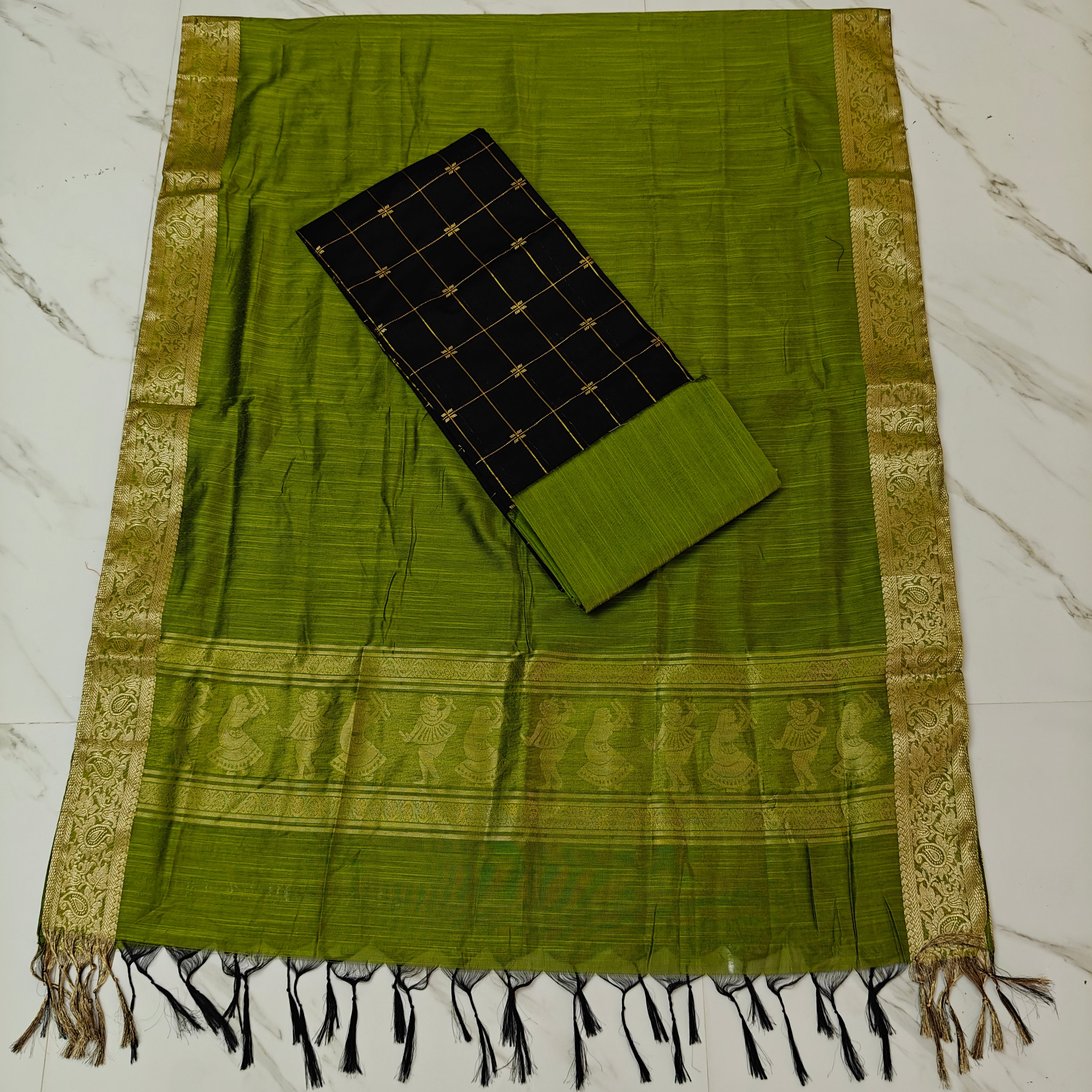 Jhamdhani Dupatta & Raw Silk Set - Black and Green