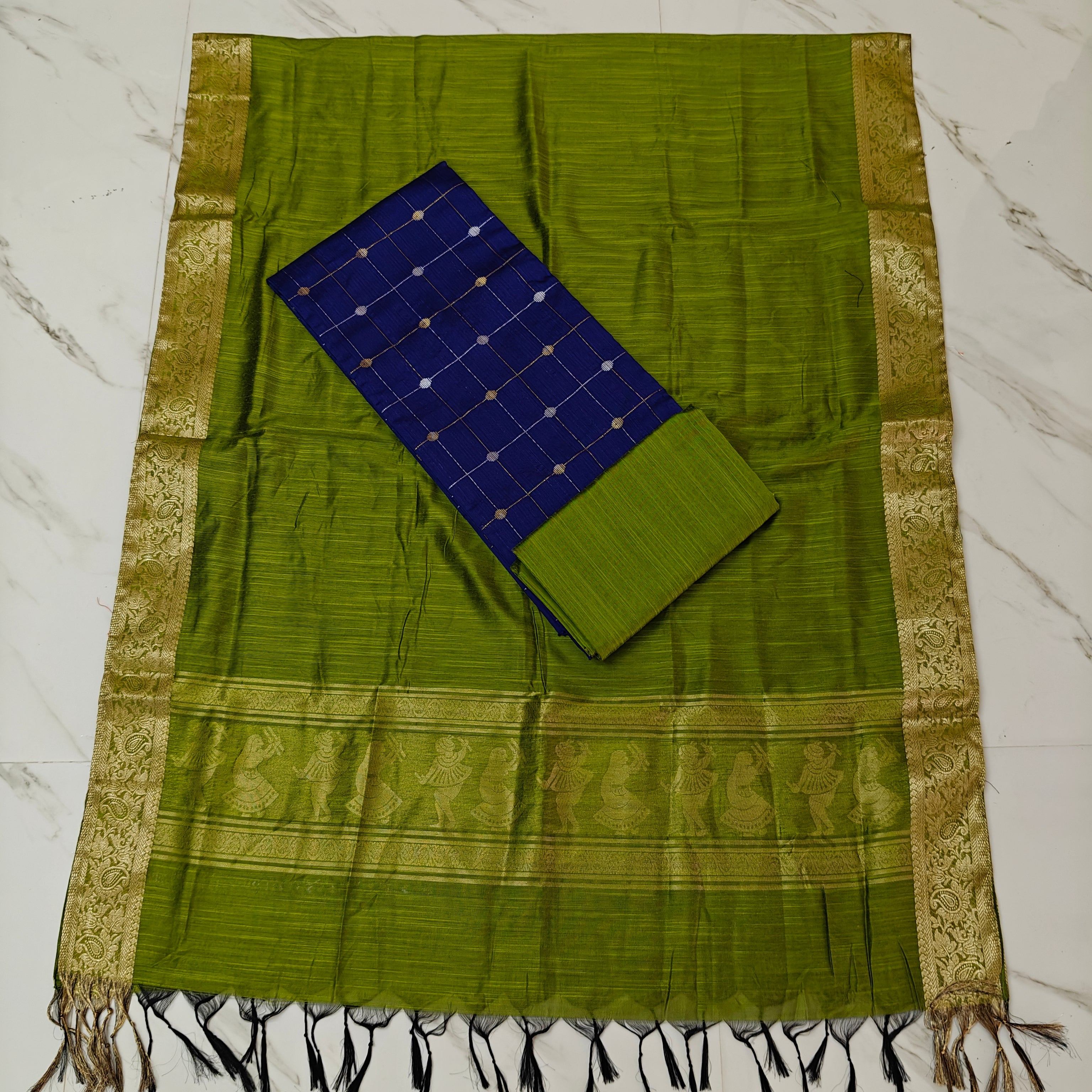 Jhamdhani Dupatta & Raw Silk Set - Blue and Green