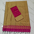 Premium Raw Silk Stripe Dupatta Set - Beige and Rani pink