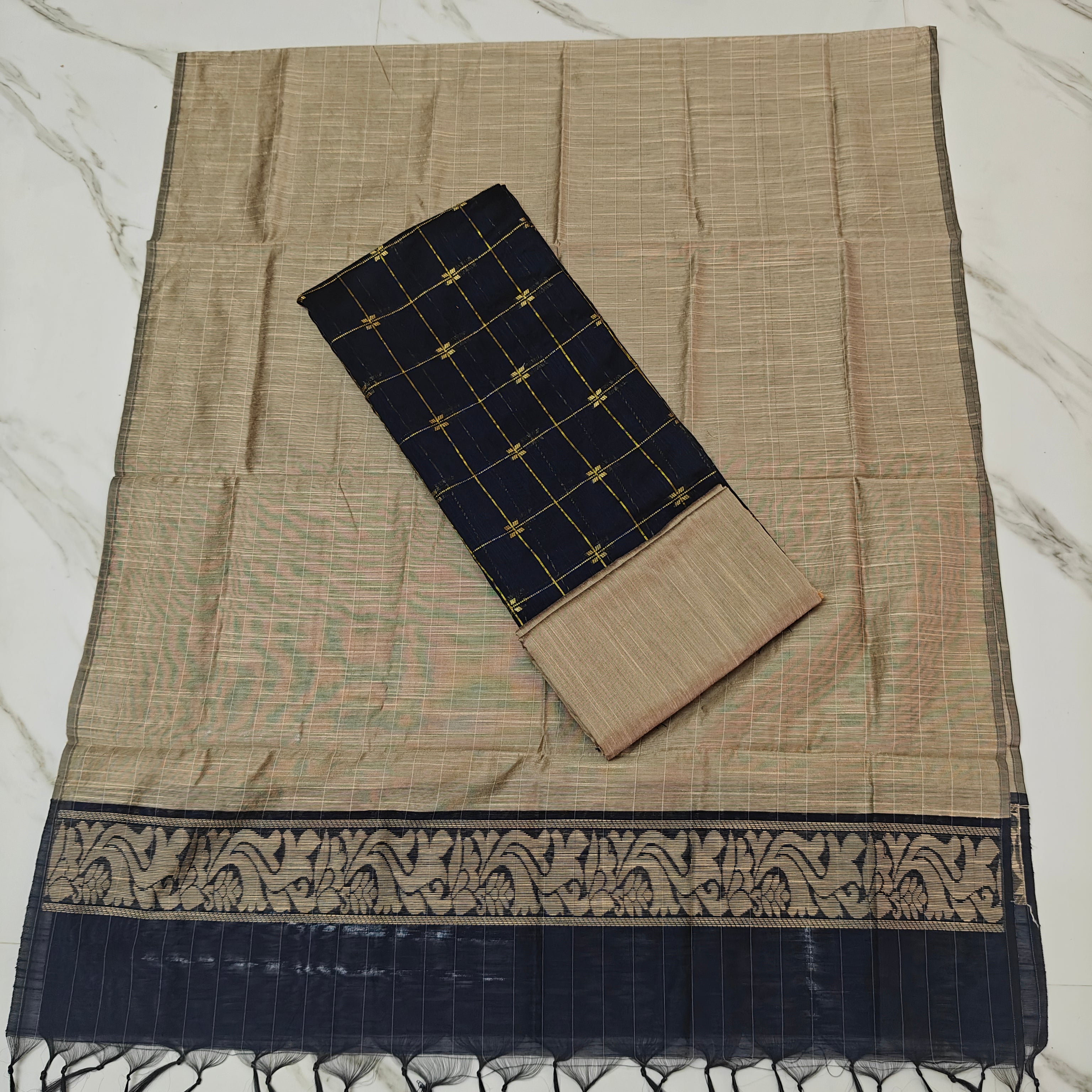Premium Raw Silk Stripe Dupatta Set - Beige and Navy Blue