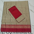 Premium Raw Silk Stripe Dupatta Set - Beige and Red