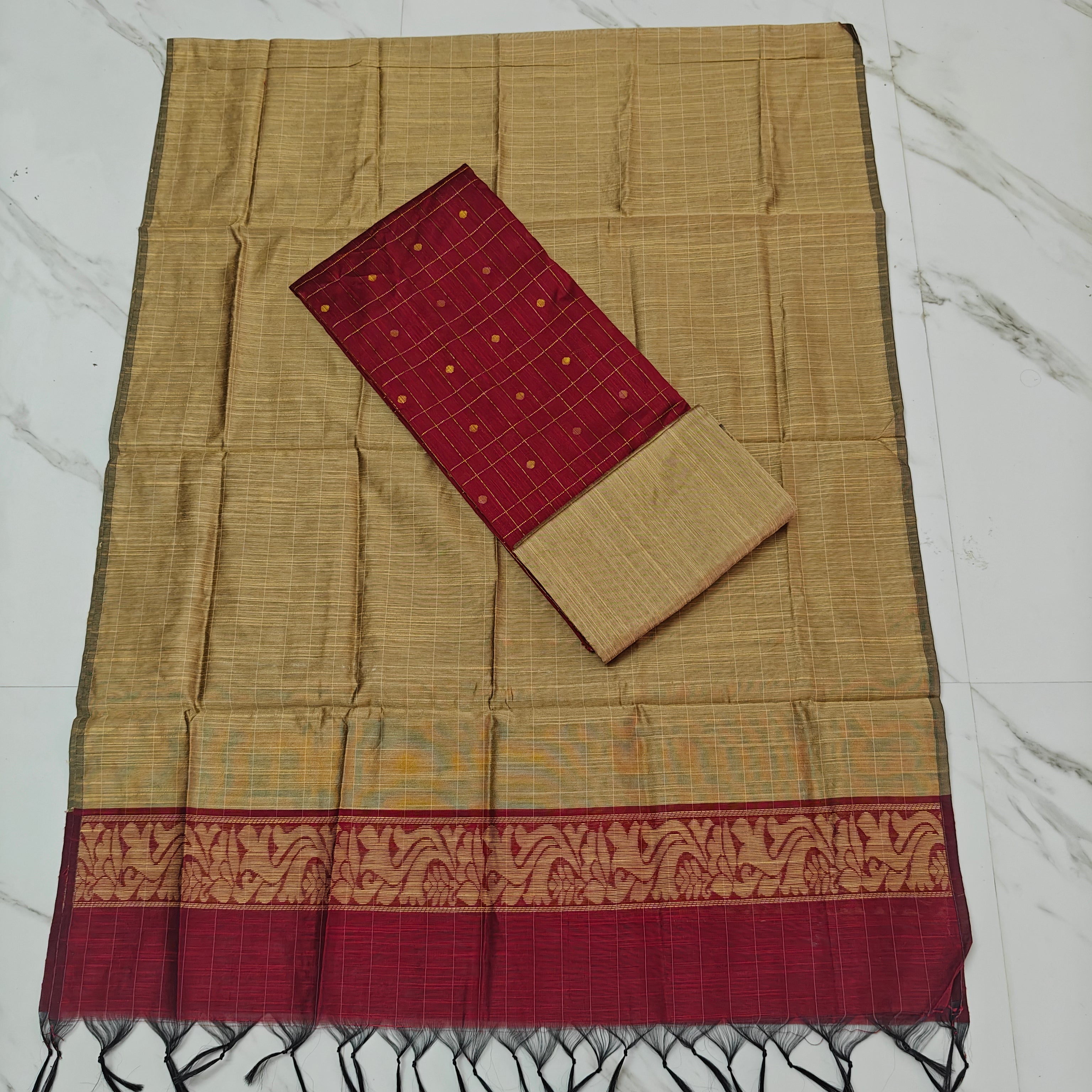Premium Raw Silk Stripe Dupatta Set - Gold and Maroon