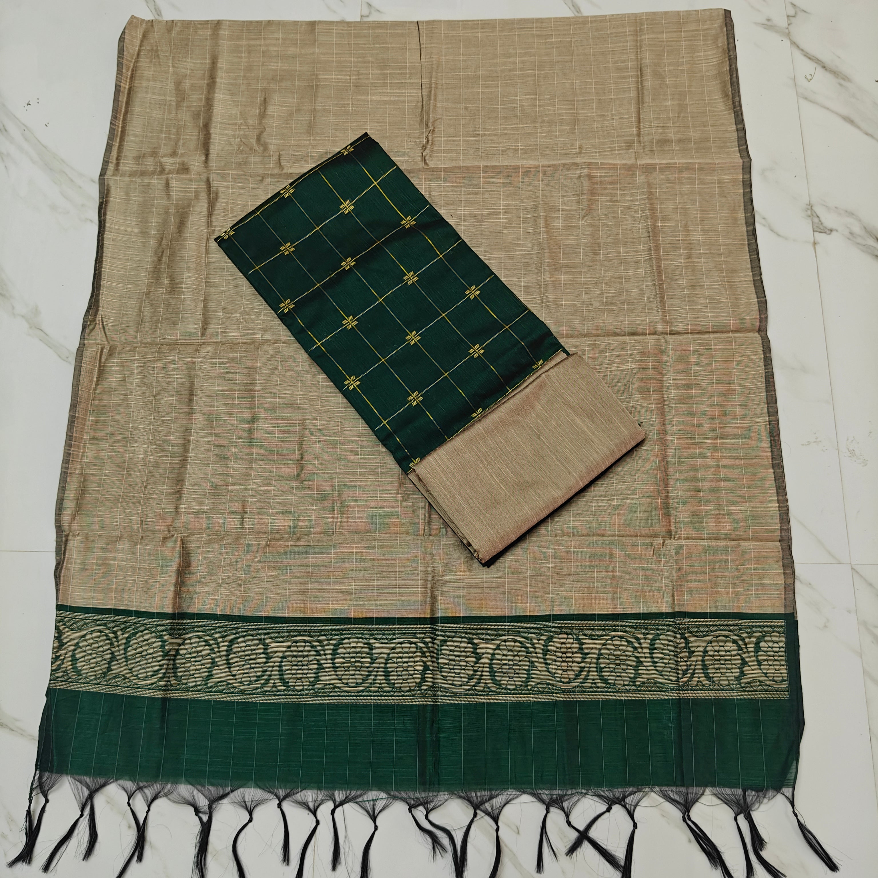Premium Raw Silk Stripe Dupatta Set - Beige and Forest Green