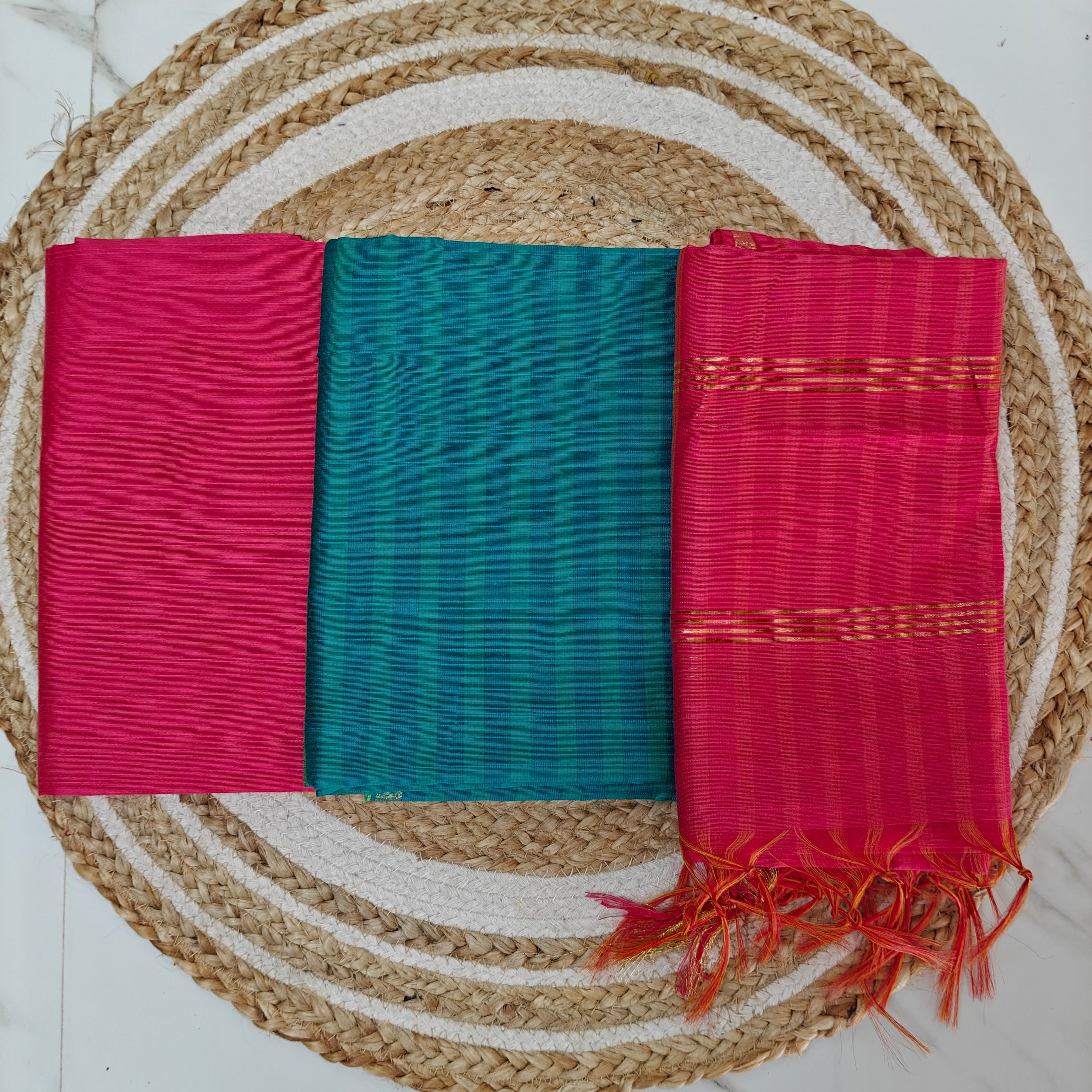Premium Multicolour Raw Silk Salwar Set - Teal and Red