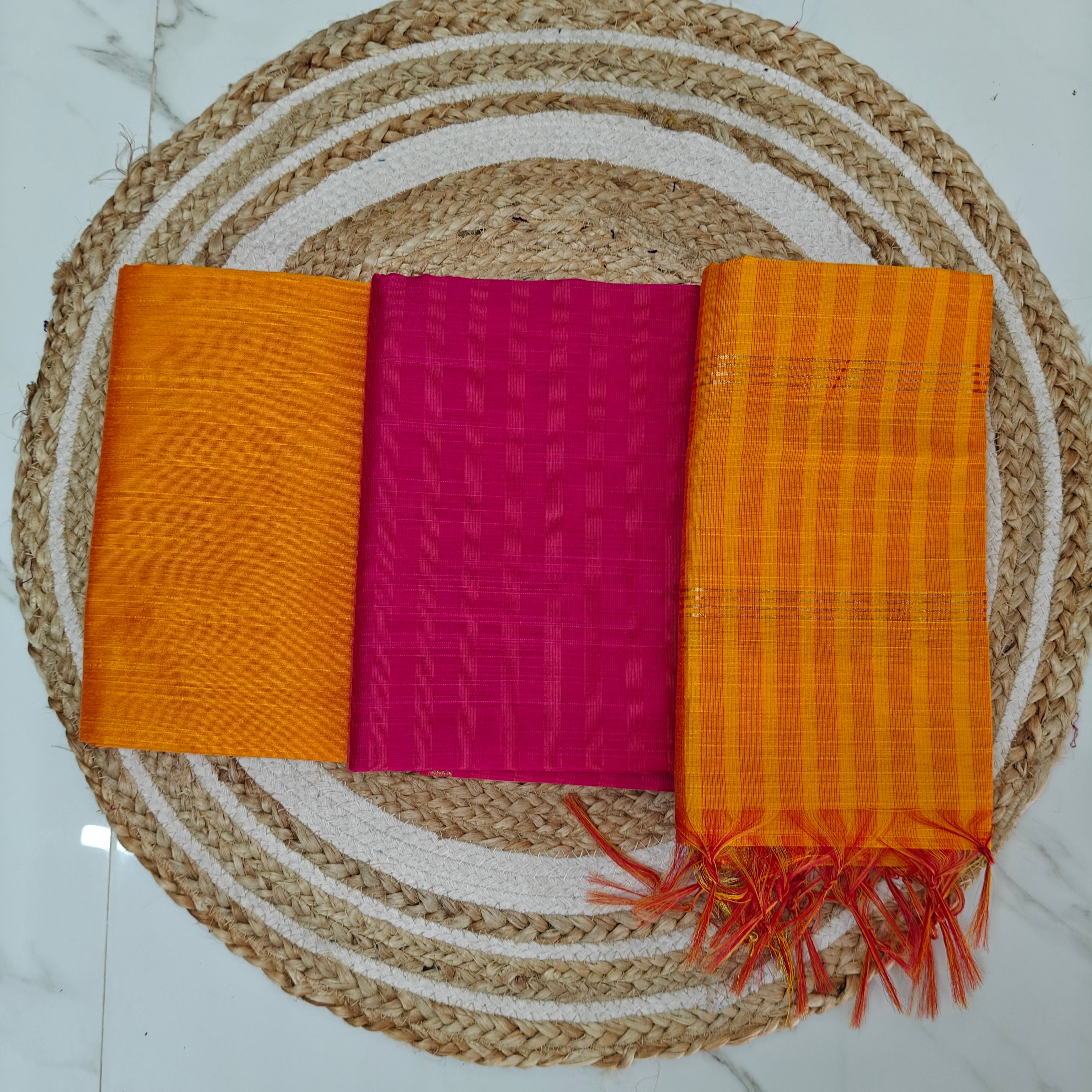 Premium Multicolour Raw Silk Salwar Set - Pink and Orange