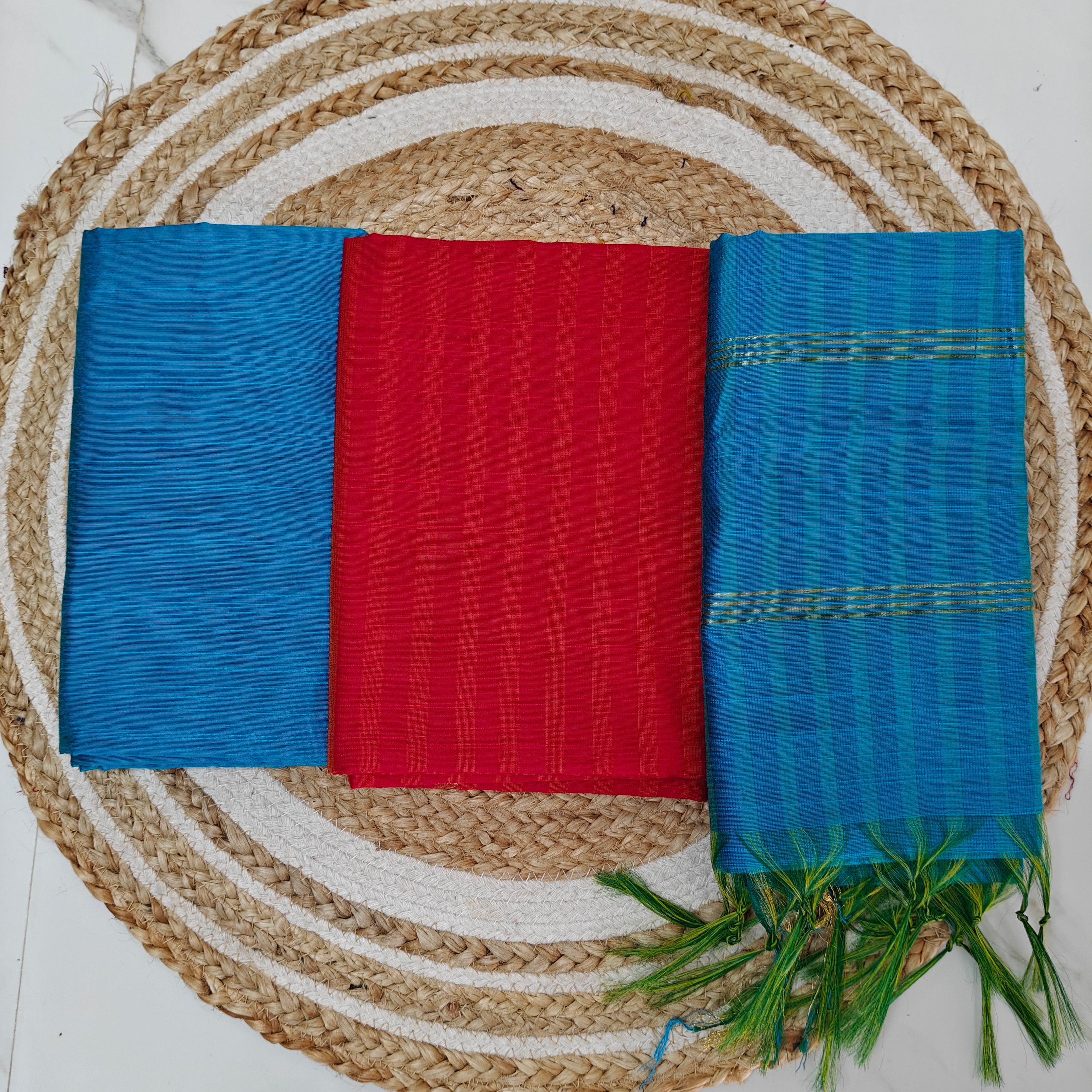 Premium Multicolour Raw Silk Salwar Set - Aqua Blue and Red