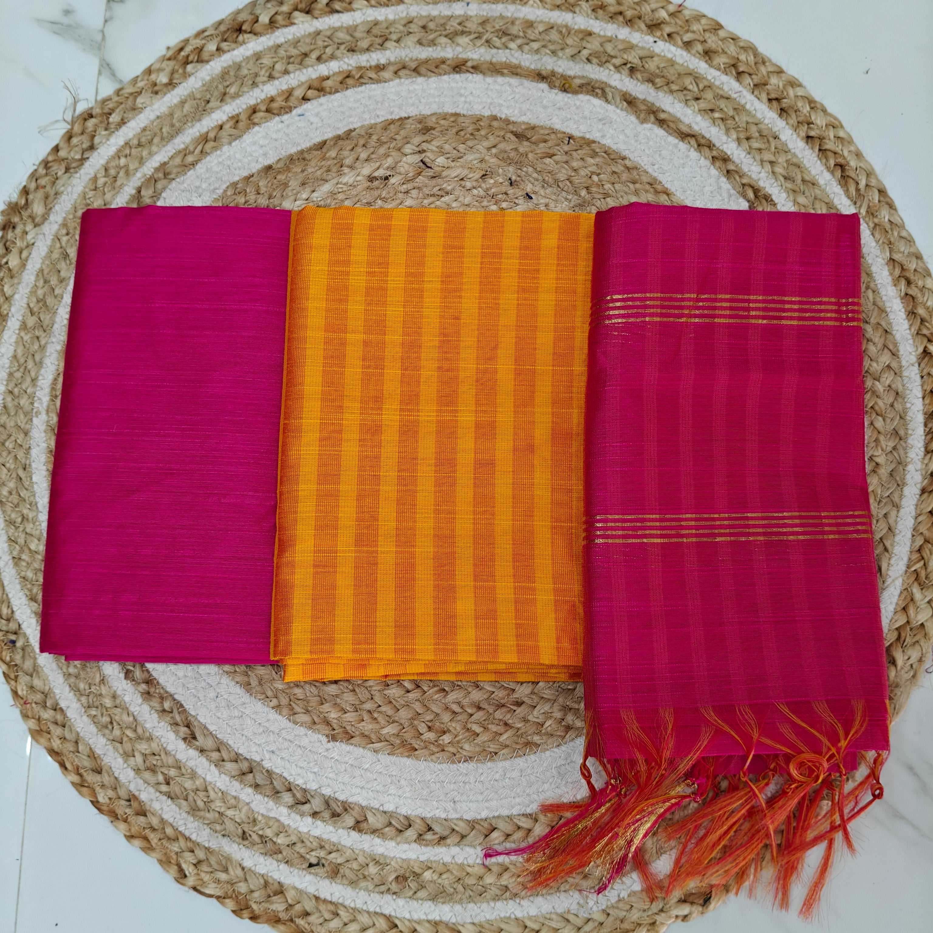 Premium Multicolor Raw Silk Salwar Set - Pink and Golden Yellow