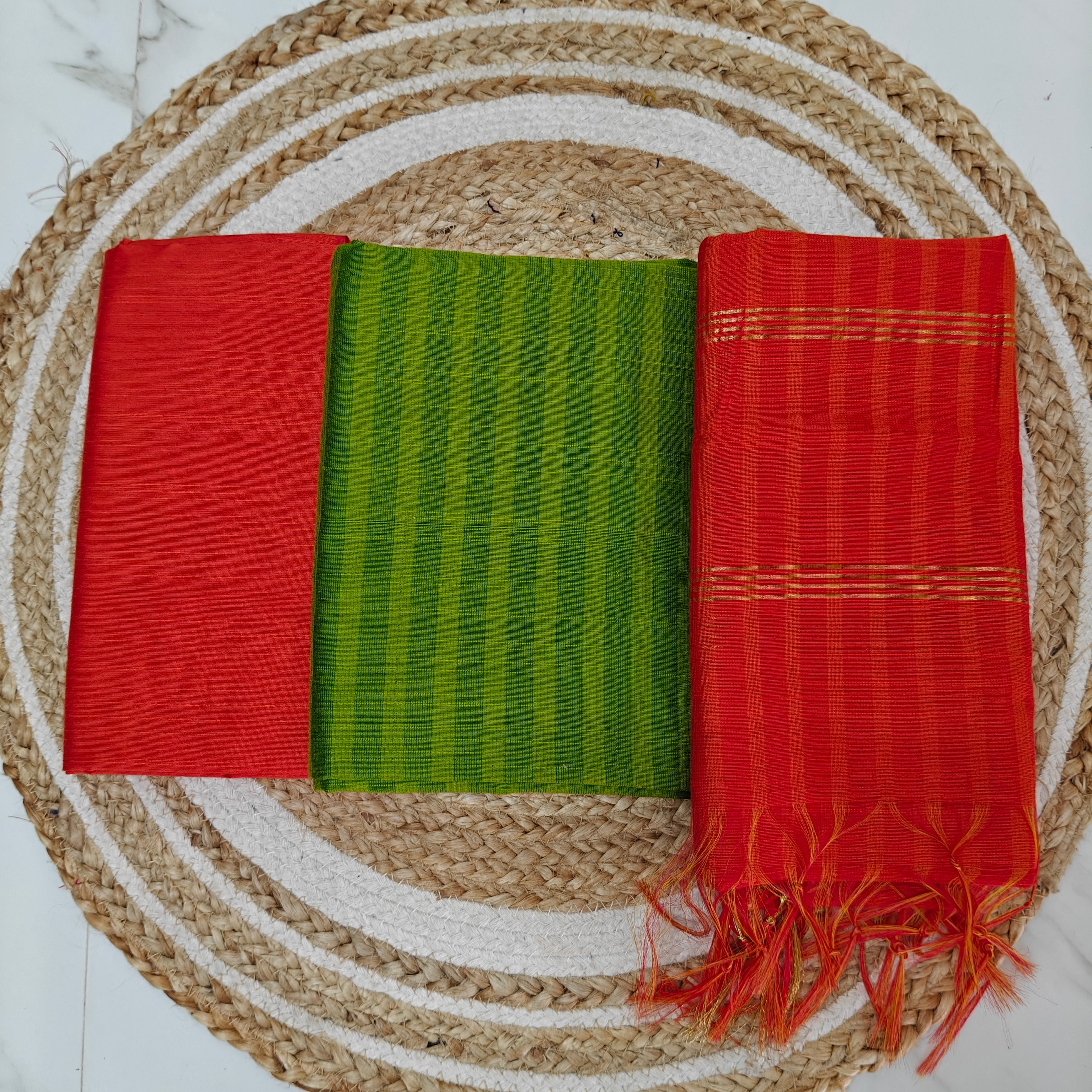 Premium Multicolour Raw Silk Salwar Set - Green and Orange