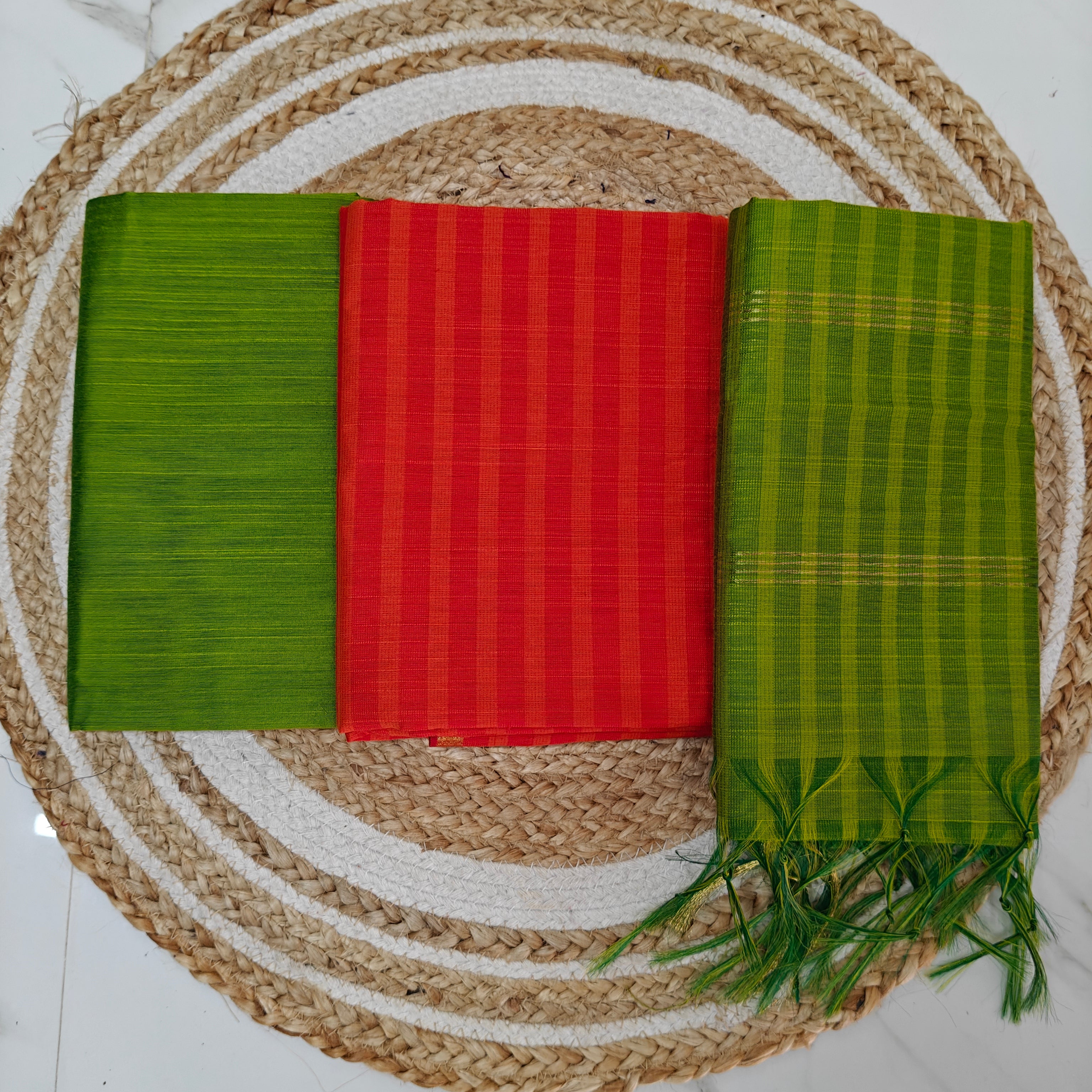 Premium Multicolour Raw Silk Salwar Set - Orange and Green