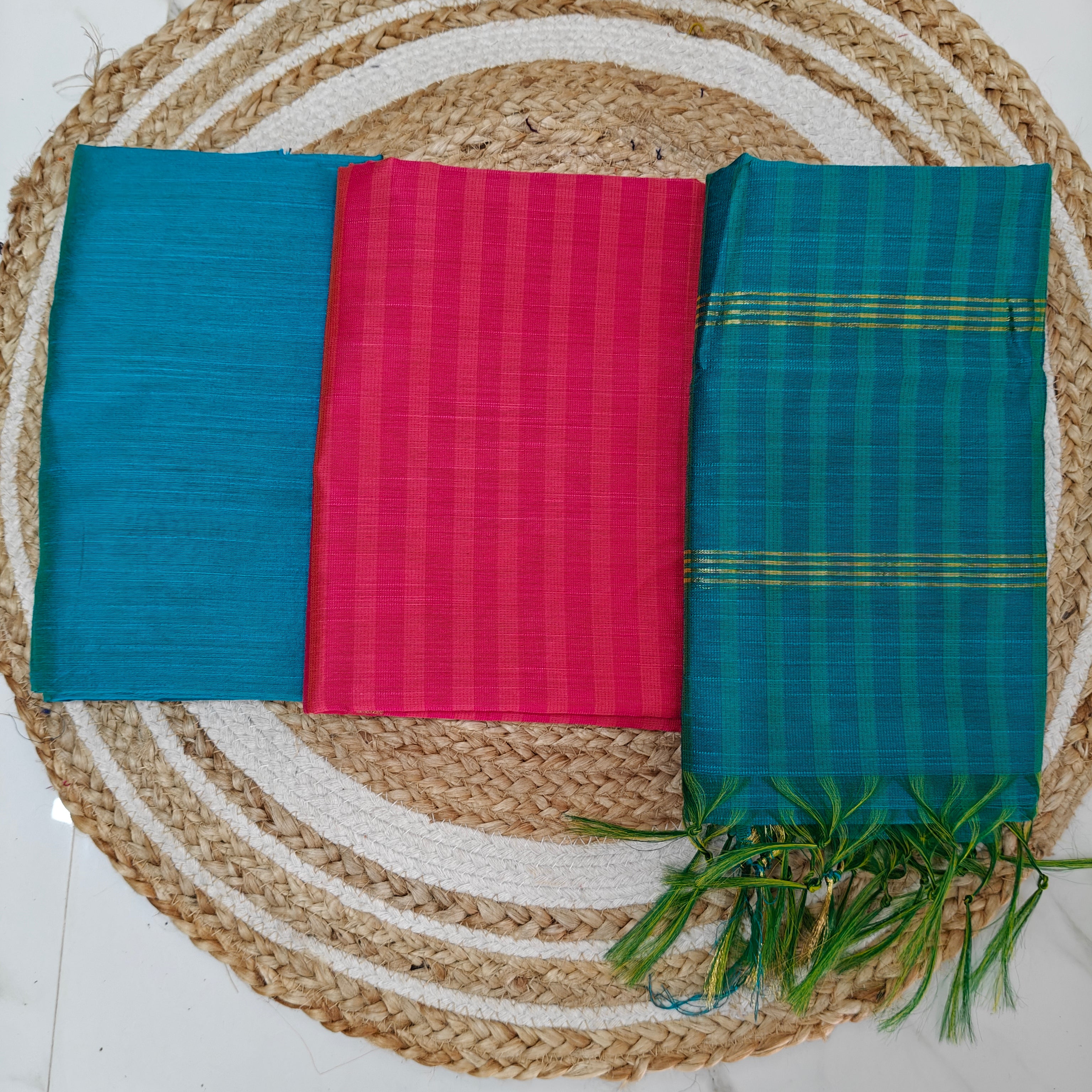 Premium Multicolour Raw Silk Salwar Set - Blue and Pink