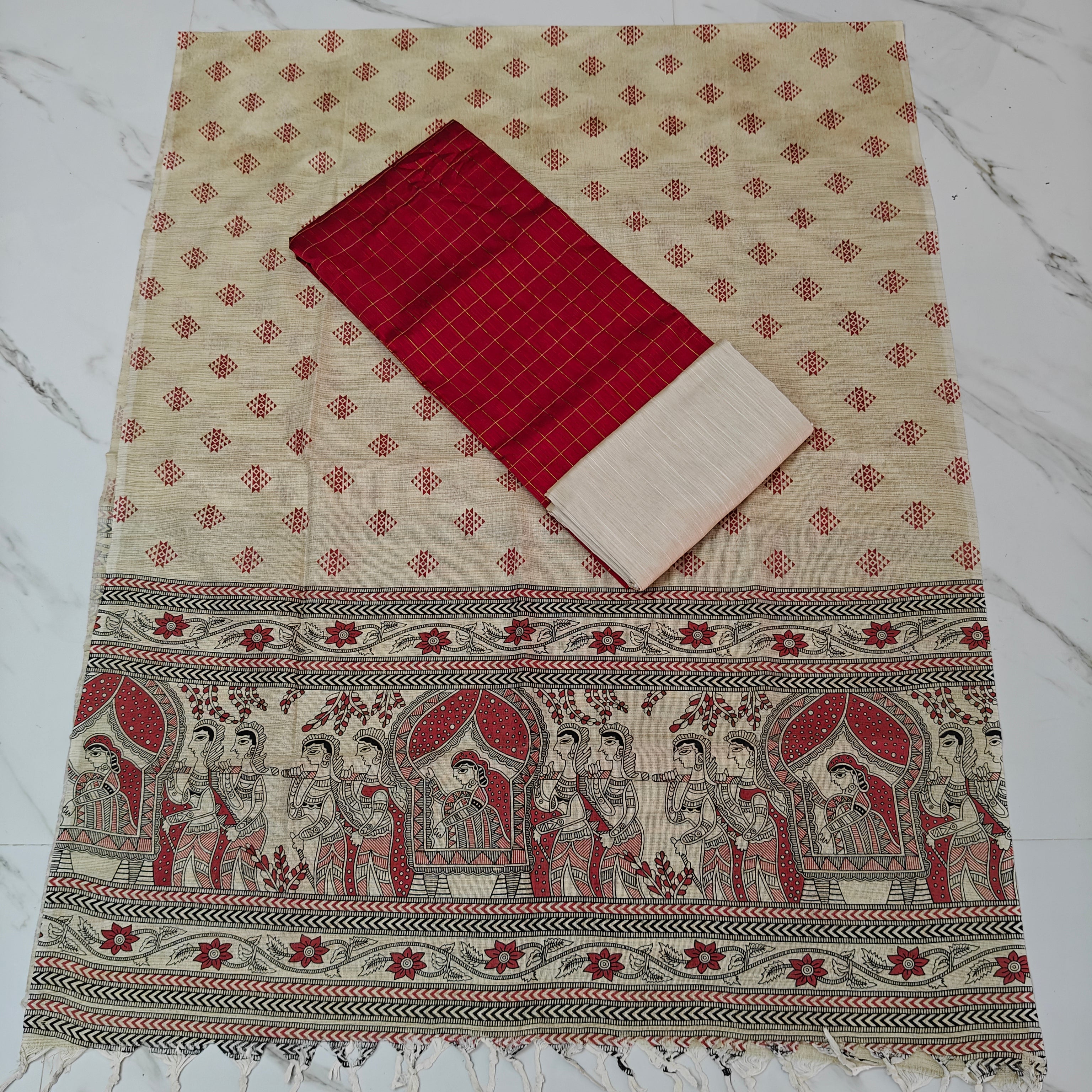 Madhubani Dupatta & Raw Silk Set - Red and Beige
