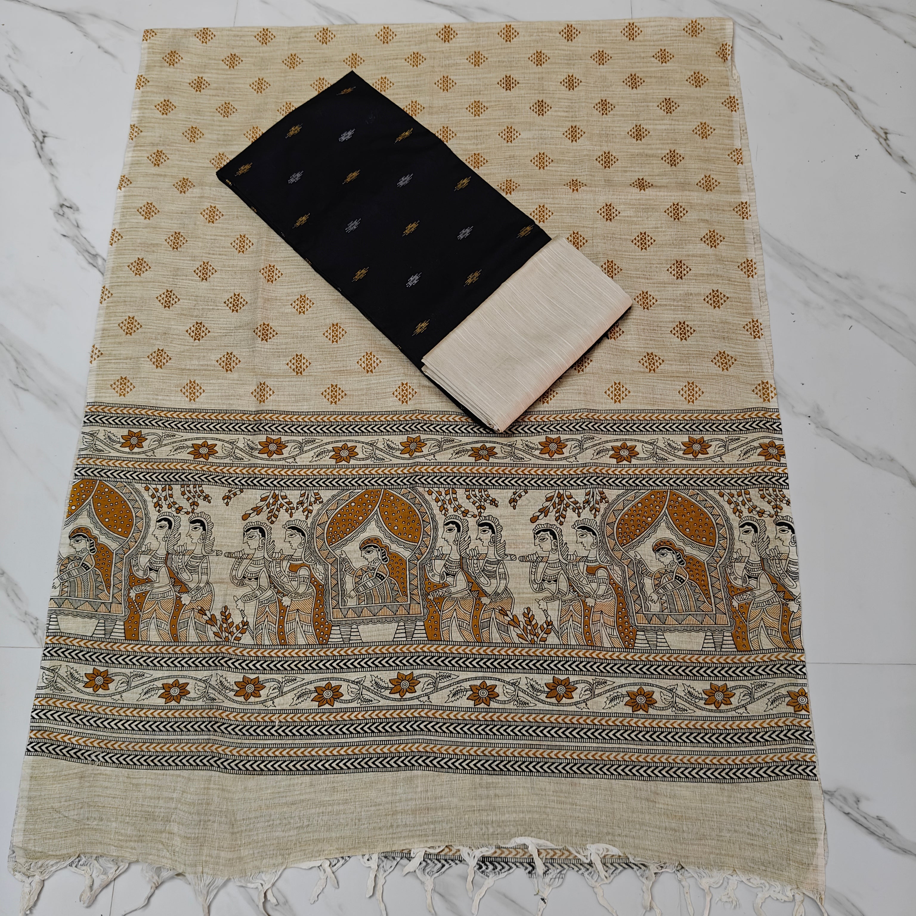 Madhubani Dupatta & Raw Silk Set - Black and Beige