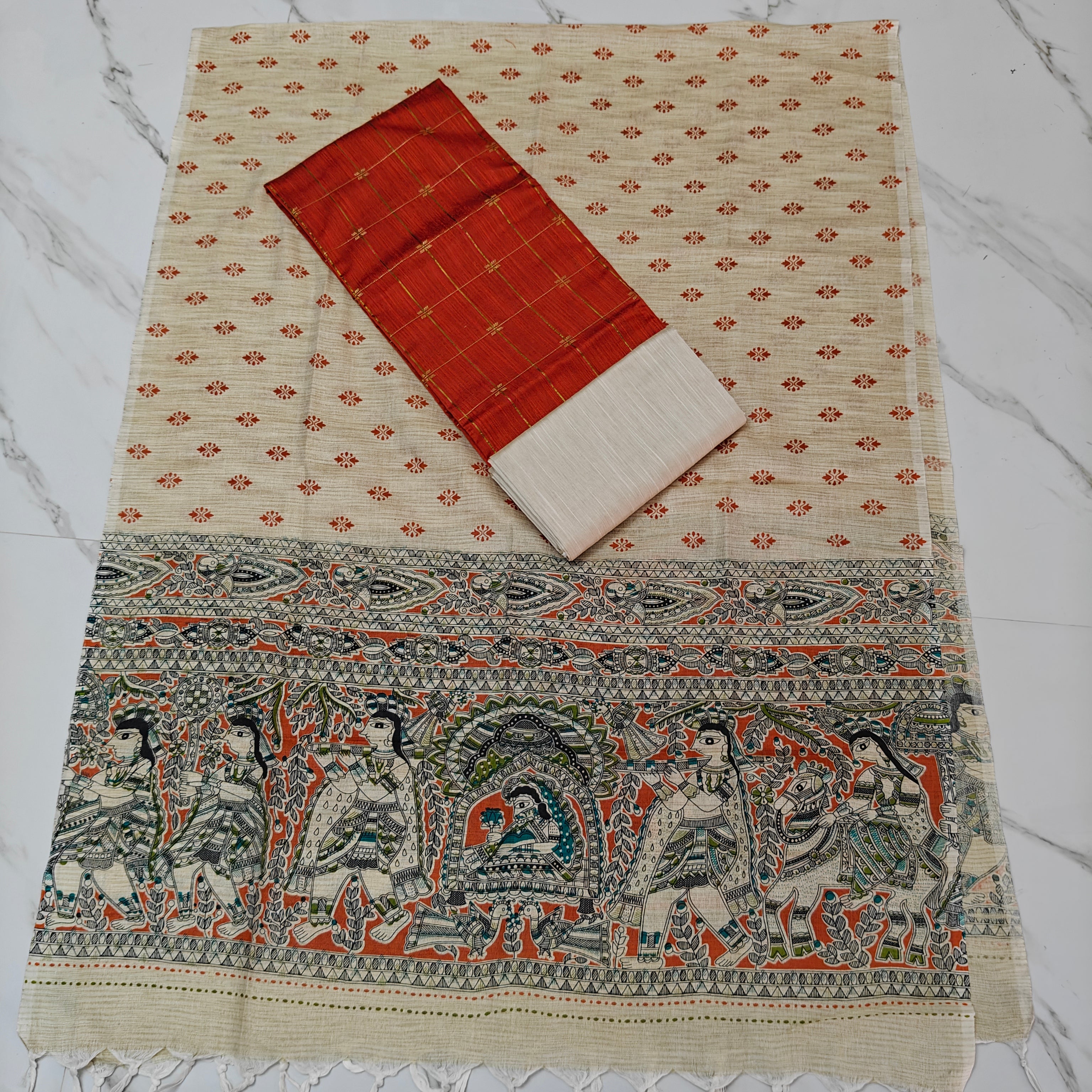 Madhubani Dupatta & Raw Silk Set - Orange and Beige