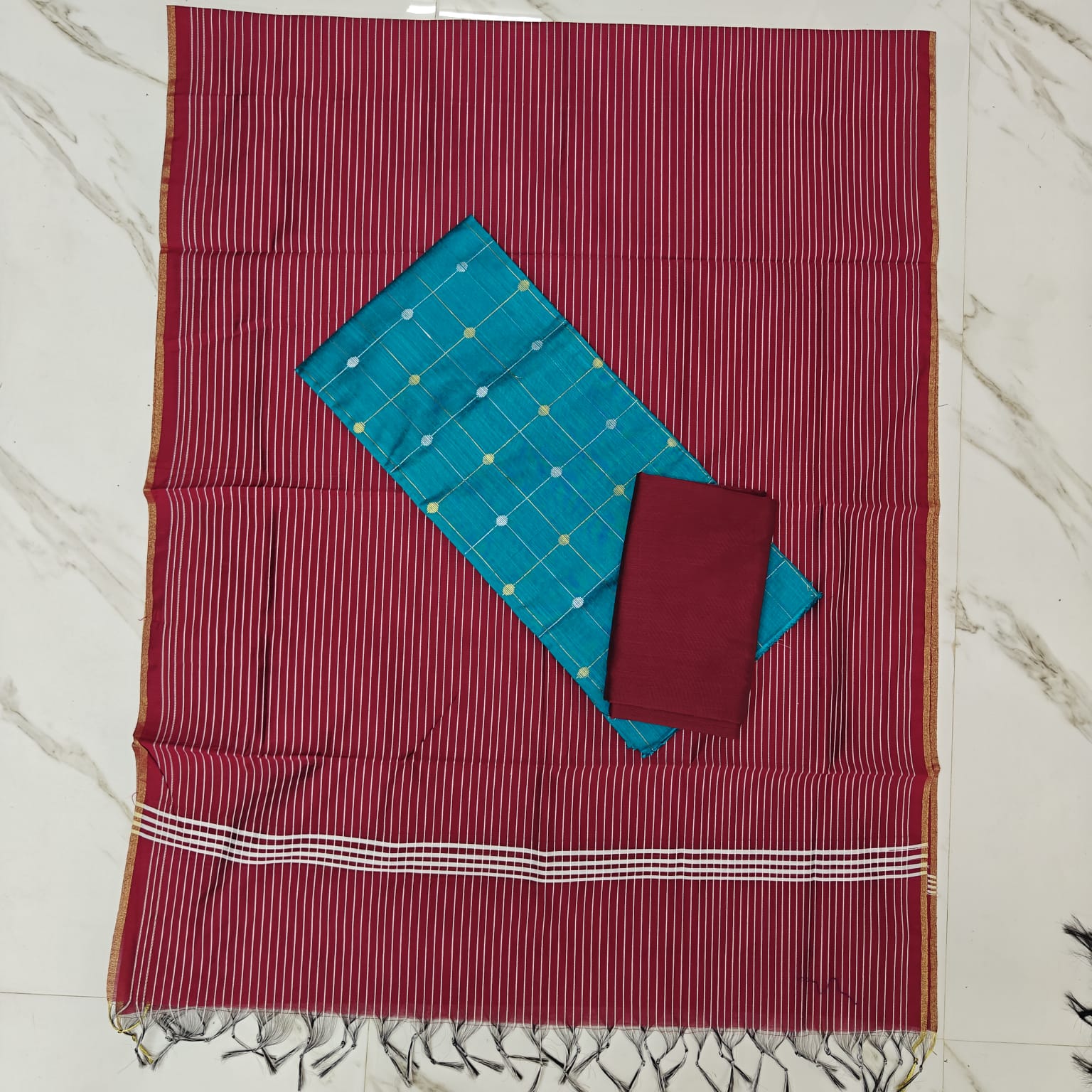 RAW SILK STRIPE DUPPATA SET