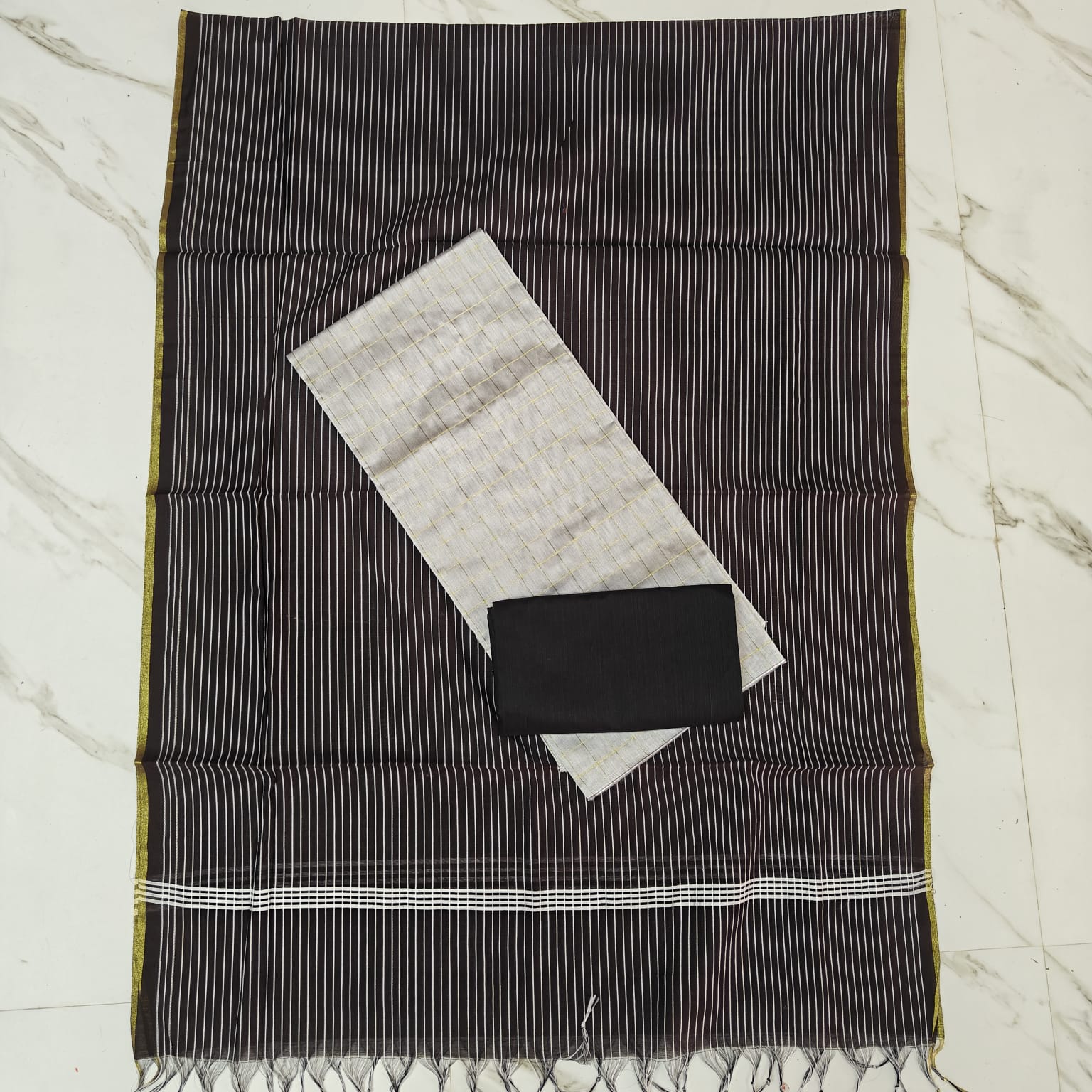 RAW SILK STRIPE DUPPATA SET