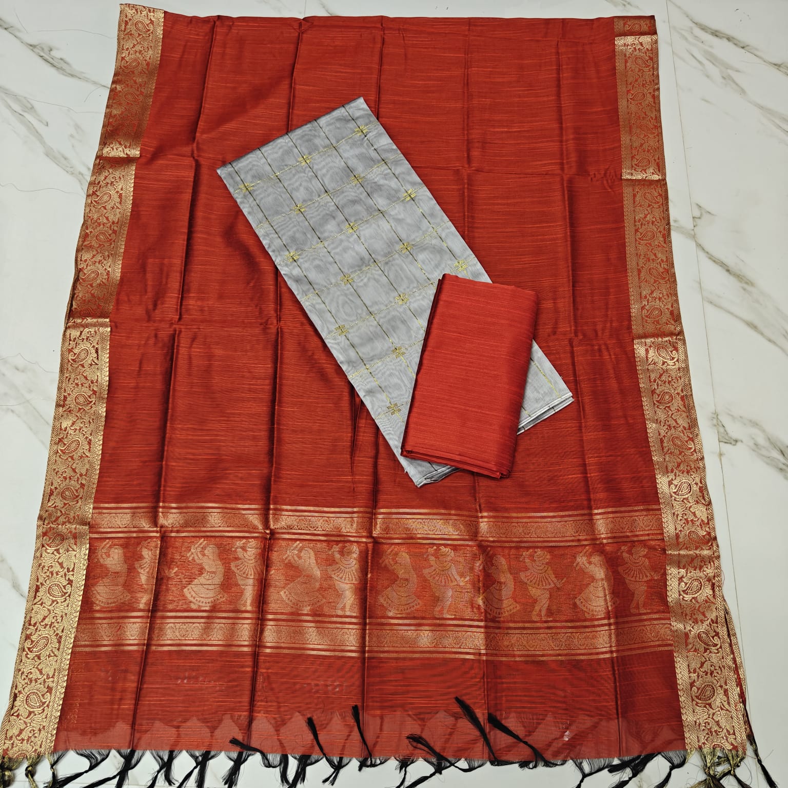 JAMDHANI DUPPPATA SET - Orange - Grey