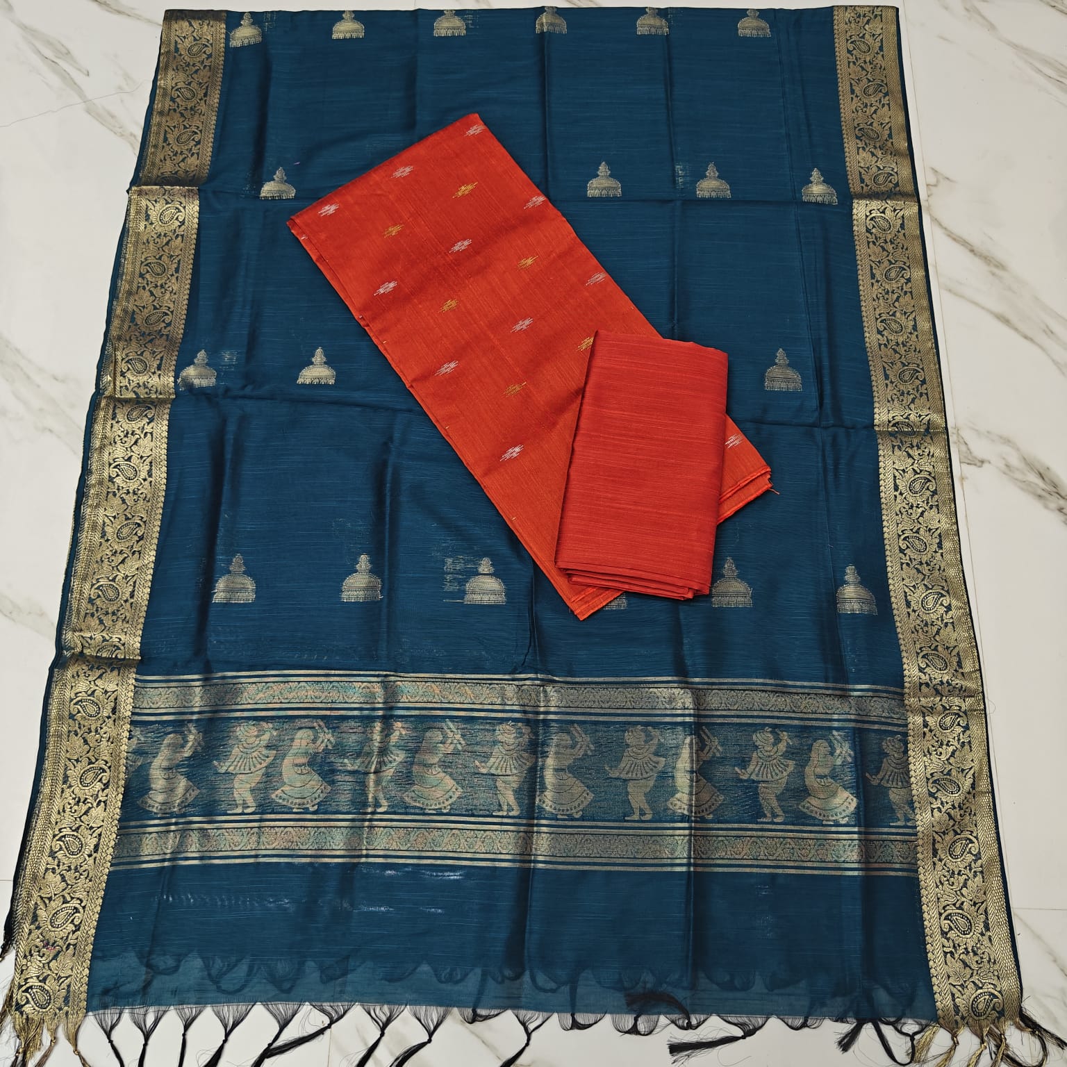 JAMDHANI DUPPATA SET - peacock blue-orange