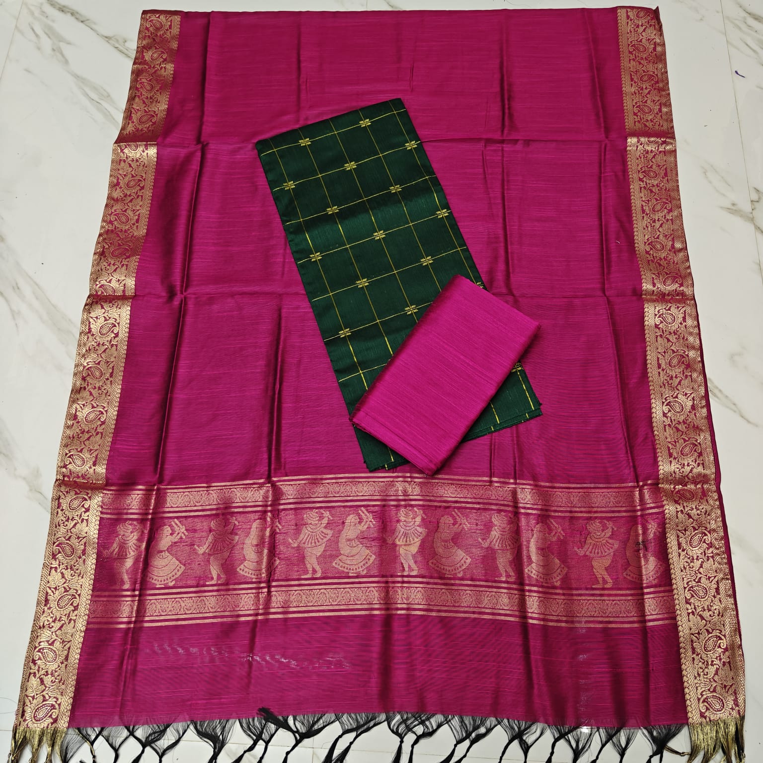 JAMDHANI DUPPATA SET - rani pink-bottle green