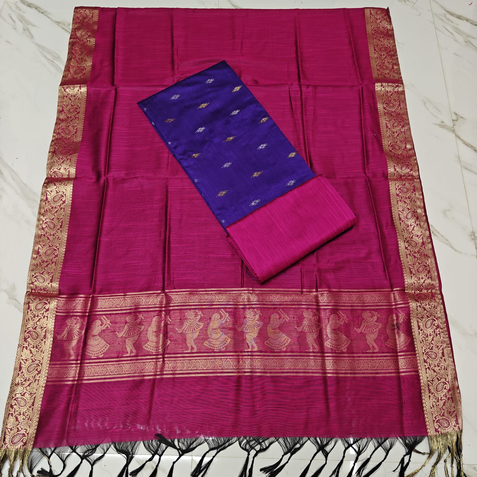 JAMDHANI DUPPPATA SET - Rani pink - bottle green