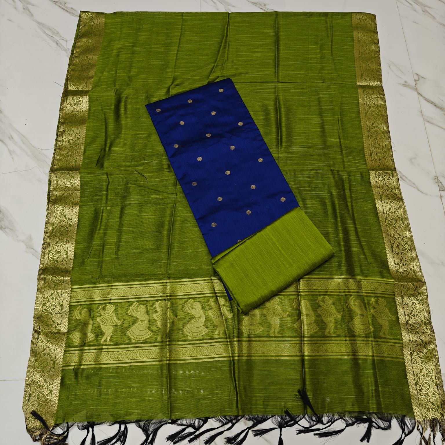 JAMDHANI DUPPATA SET - olive green-royal blue