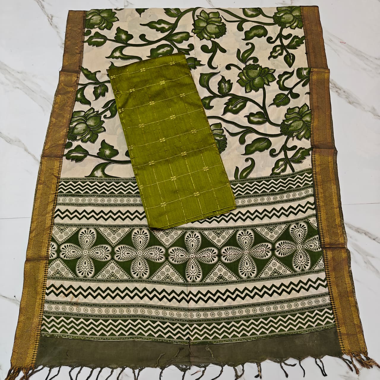 Chennuri Silk Nizam Border Duppata & Top-Olive Green