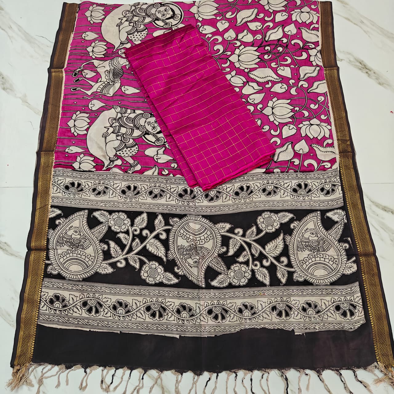 Chennuri Silk Nizam Border Duppata & Top-Rani Pink