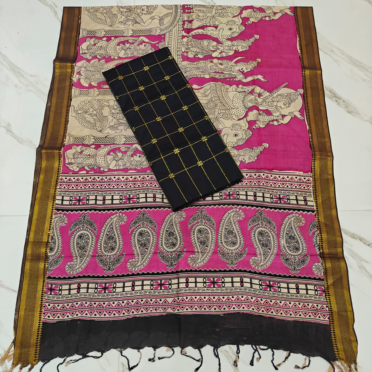 Chennuri Silk Nizam Border Duppata & Top-Magenta