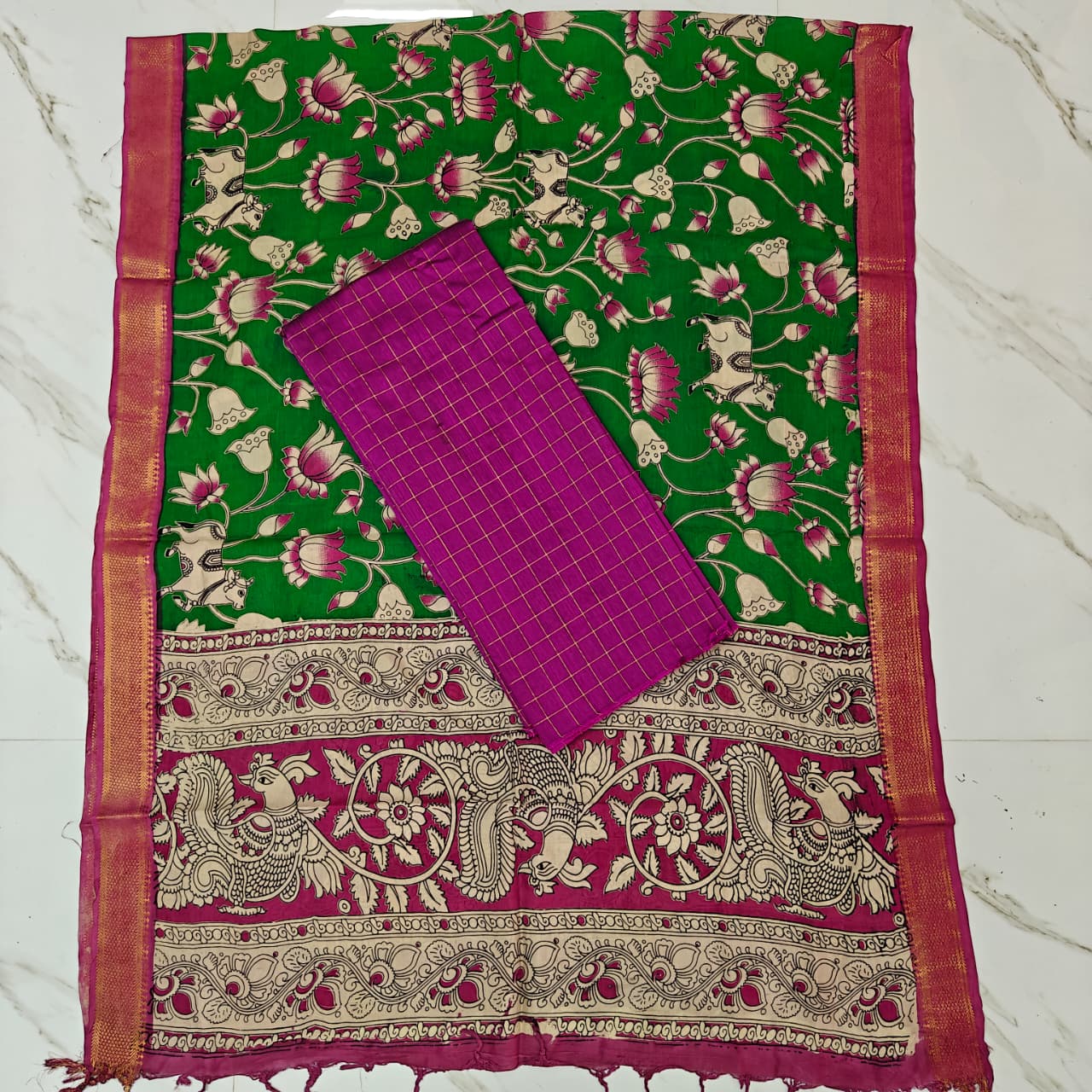 Chennuri Silk Nizam Border Duppata & Top-Magenta&green