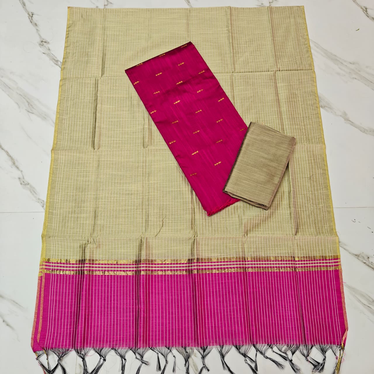 RAW SILK Small Stripe Duppata Set - ranipink