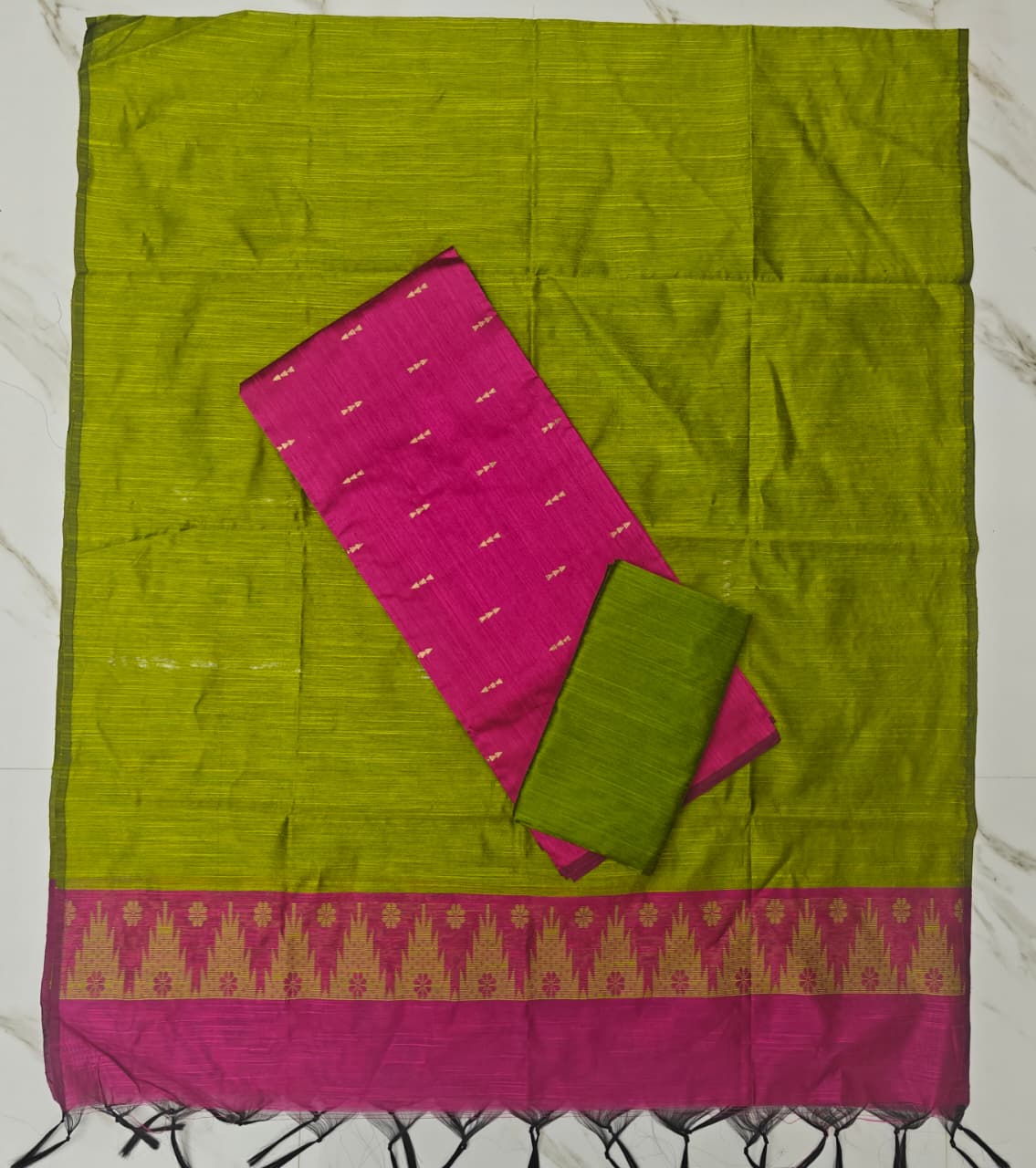 Premium Raw Silk Stripe Dupatta Set - Green and Pink
