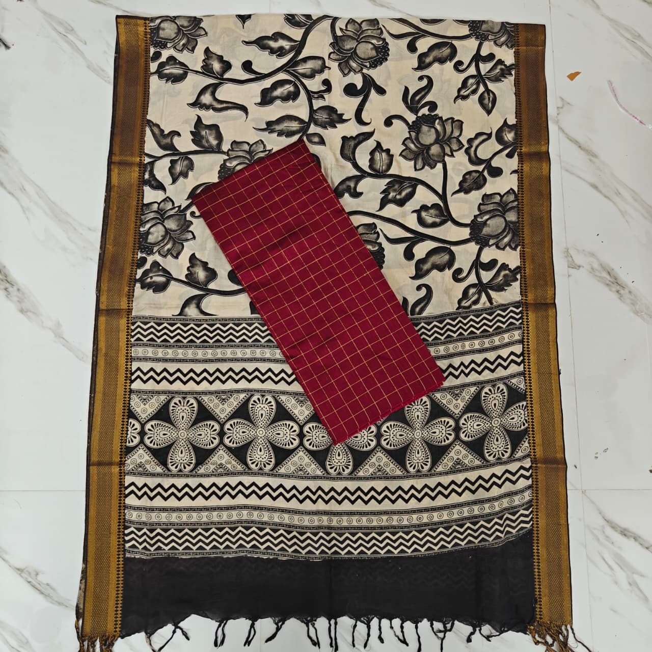 Chennuri Silk Nizam Border Duppatta & Top-Black & Maroon