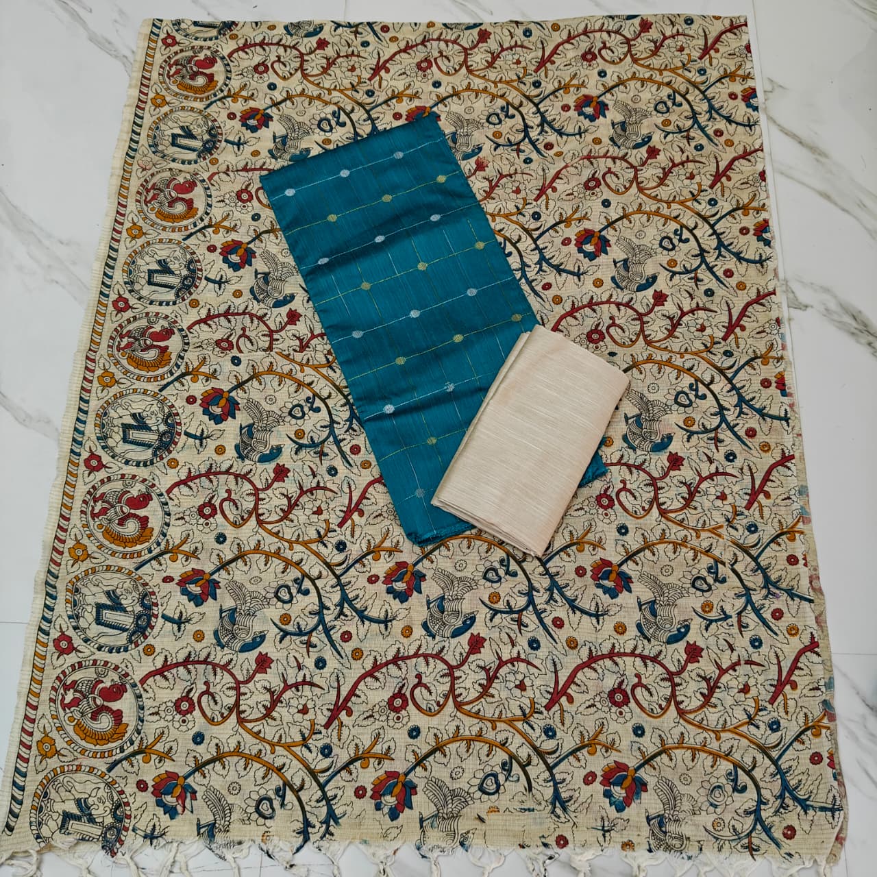 Madhubani Dupatta & Raw Silk Set - Rama Blue and Beige
