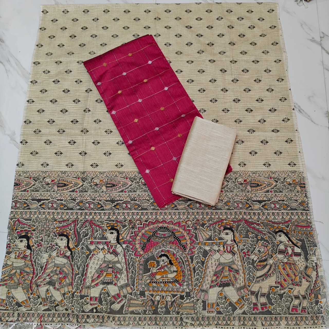 Madhubani Dupatta & Raw Silk Set - Peach and Beige