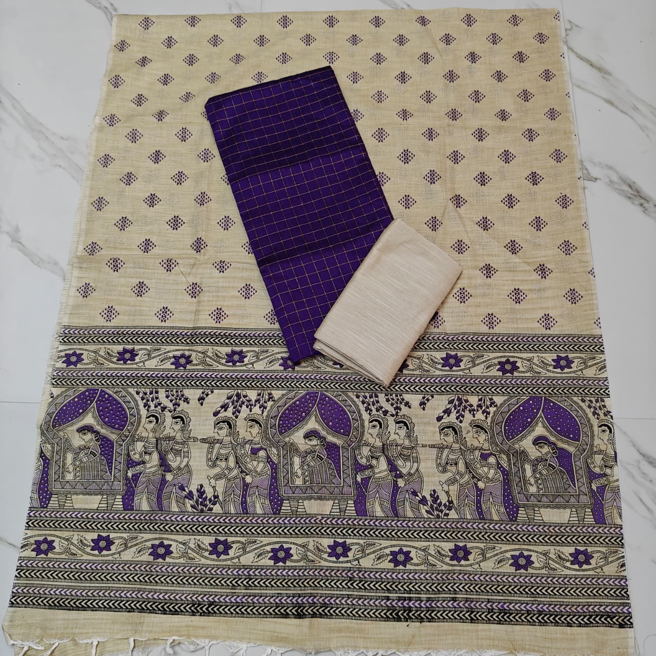 Madhubani Dupatta & Raw Silk Set - Violet and Beige
