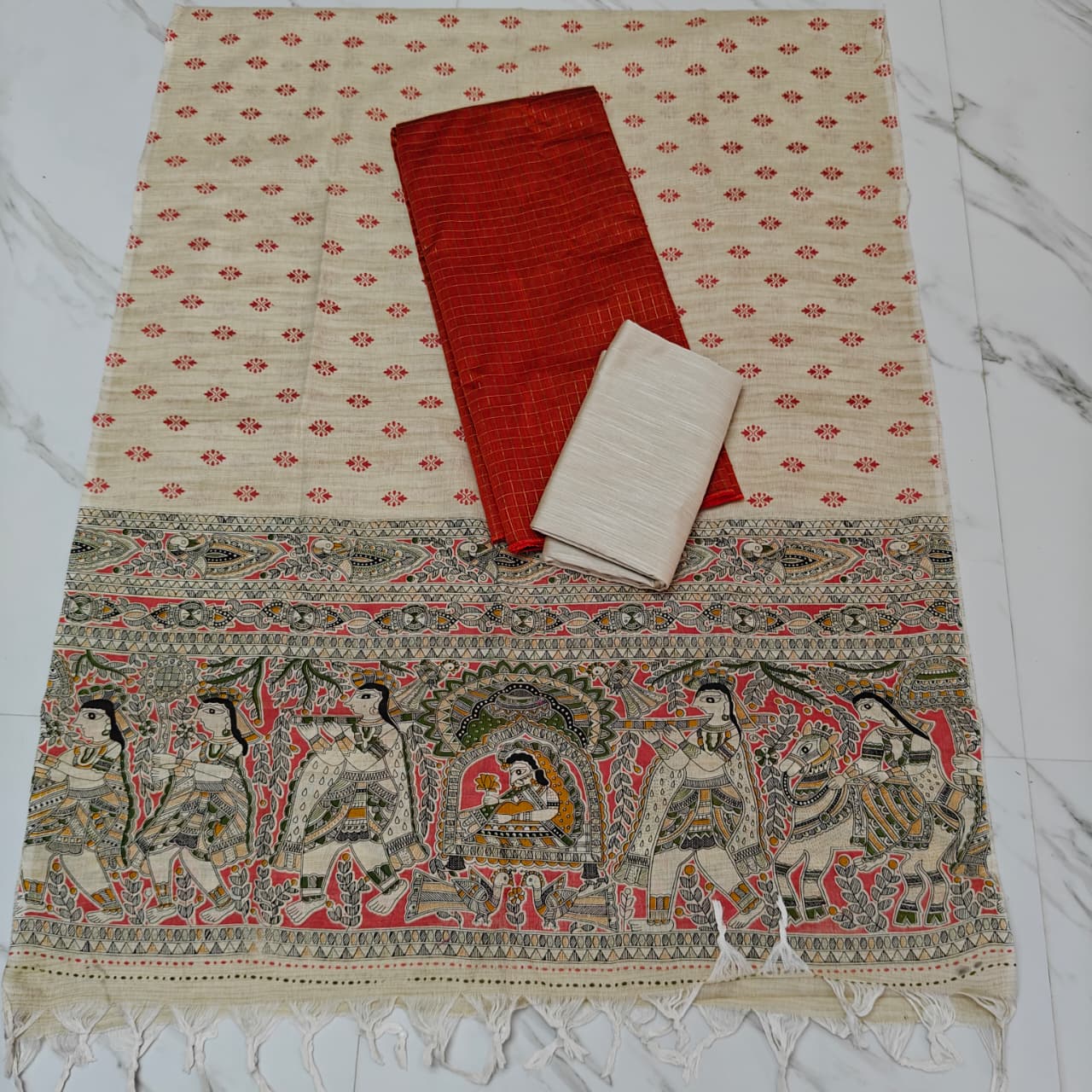 Madhubani Dupatta & Raw Silk Set - Orange and Beige