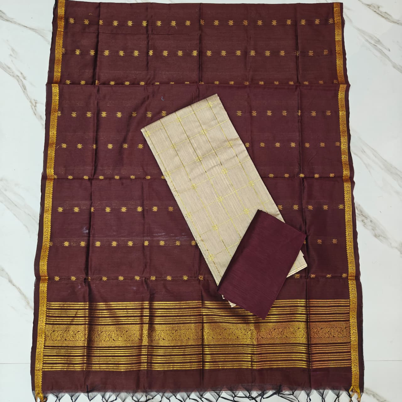 Raw Silk & Jacquard Dupatta Ensemble - Brown & Cream