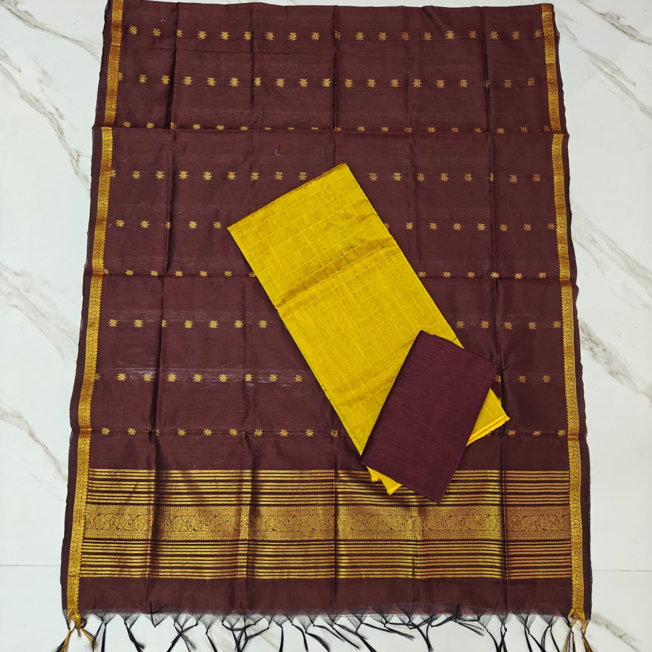Raw Silk & Jacquard Dupatta Ensemble - Brown & Lavender
