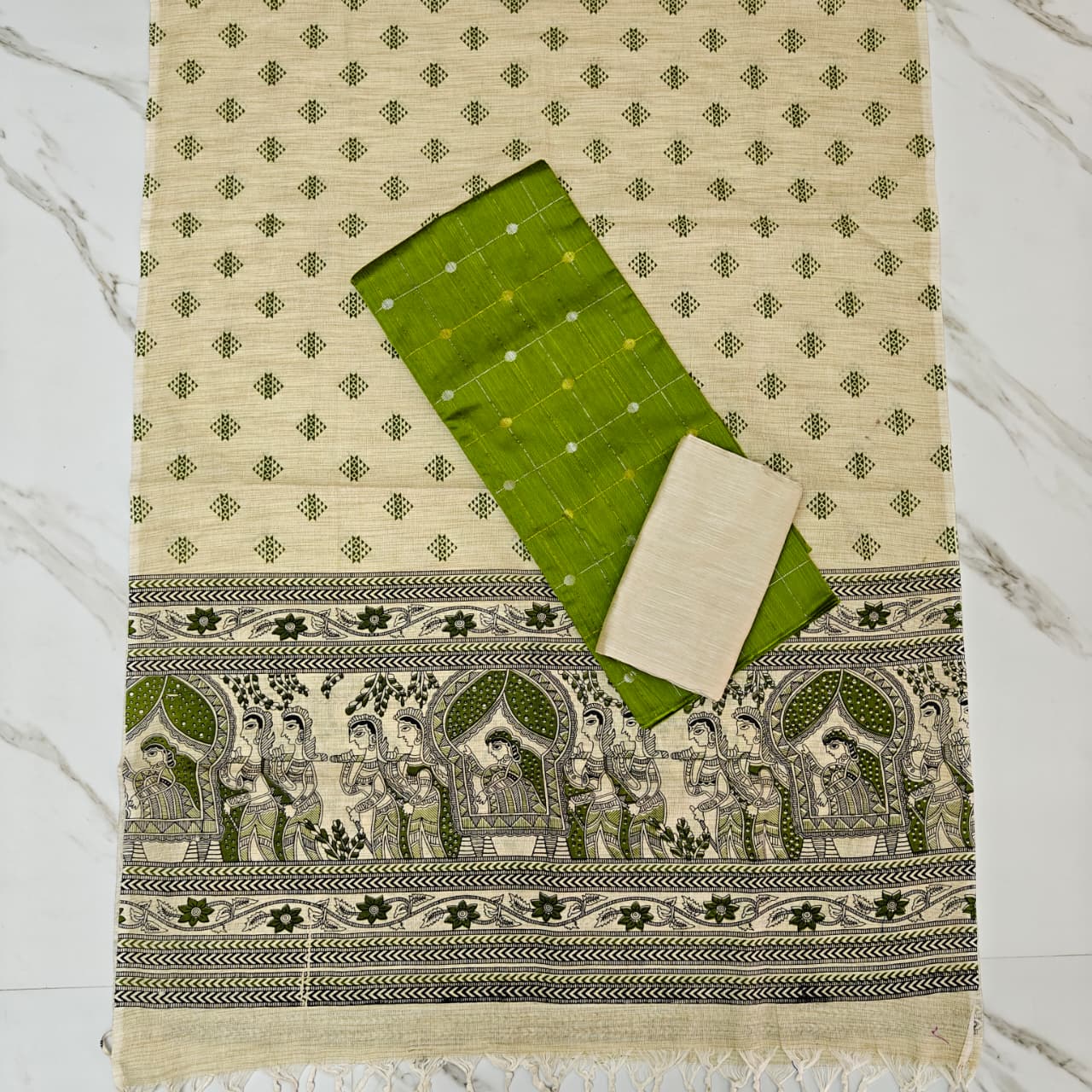 Madhubani Dupatta & Raw Silk Set - Olive green and Beige