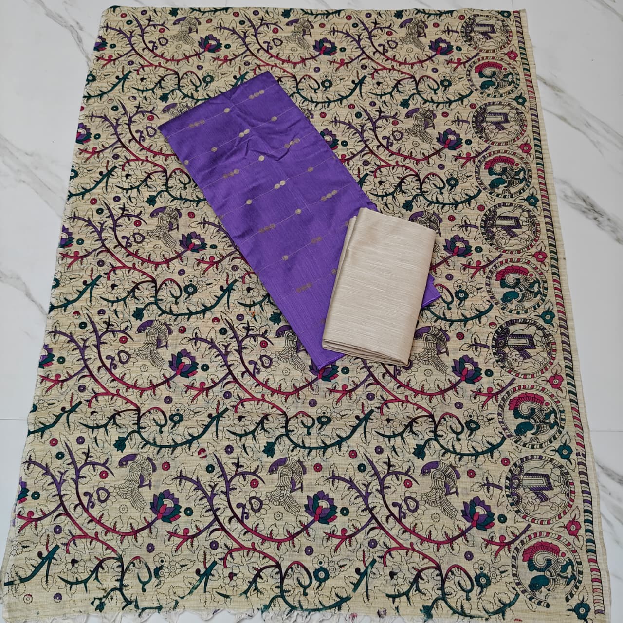 Madhubani Dupatta & Raw Silk Set - Lavender and Beige